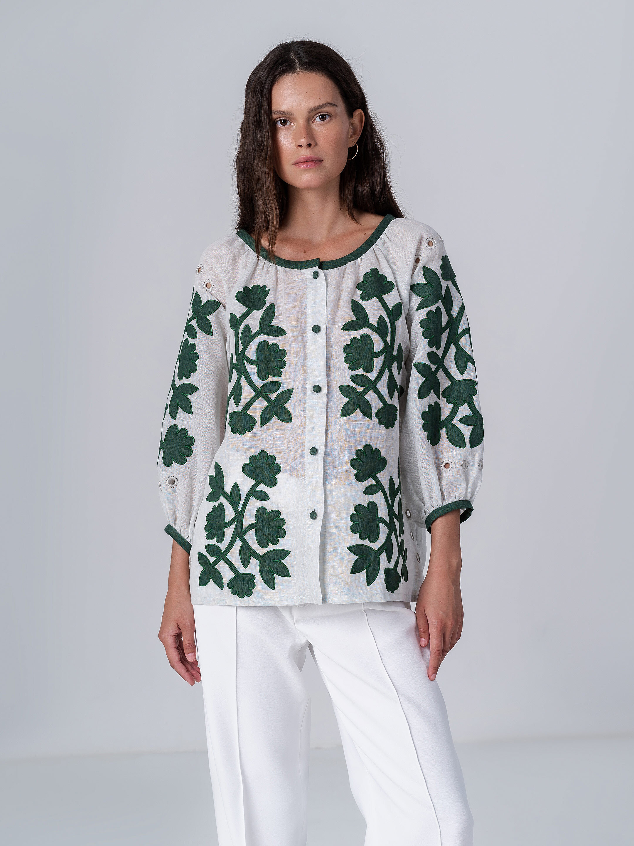 Linen blouse with applique Zagadka sizes