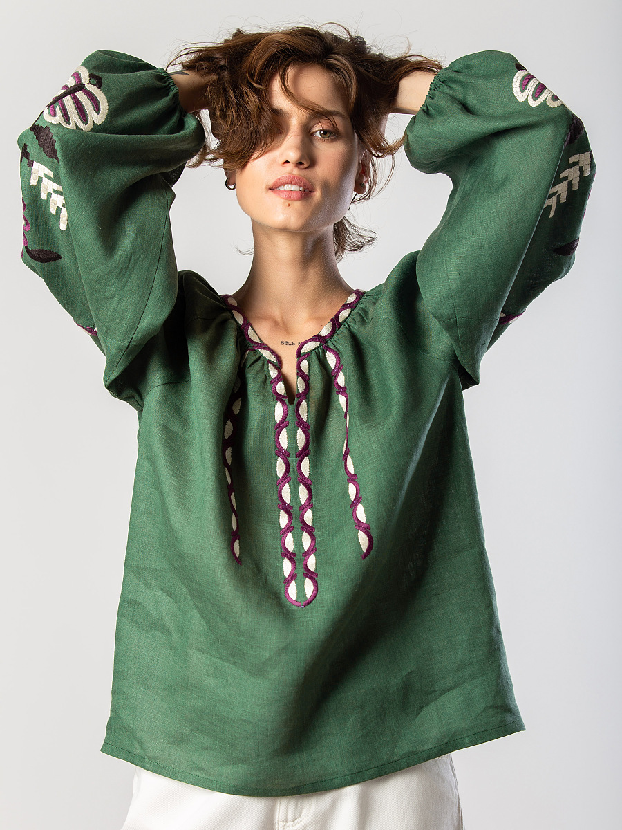 Embroidered shirt in linen with floral ornament Butterfly green [0]