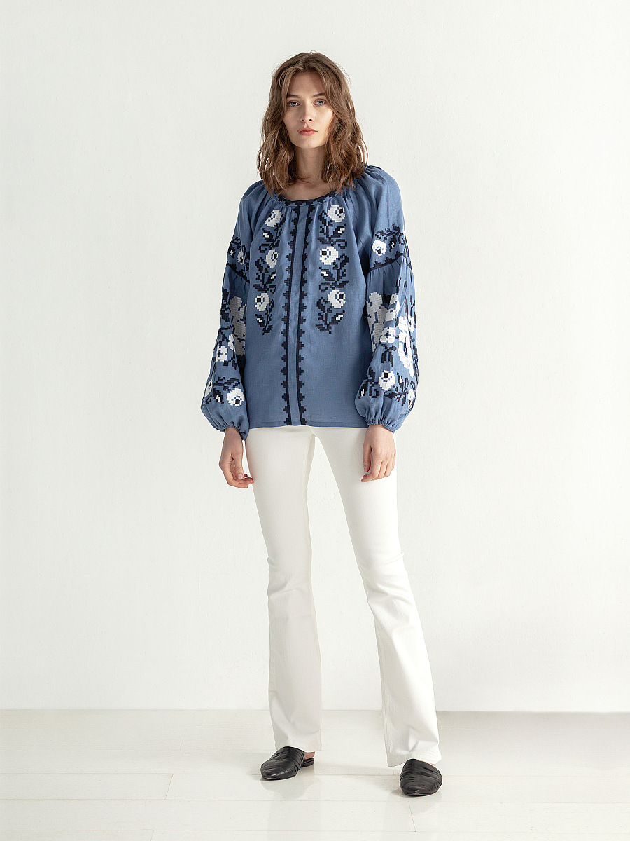 Embroidered shirt in blue linen FLOW 2 [0]