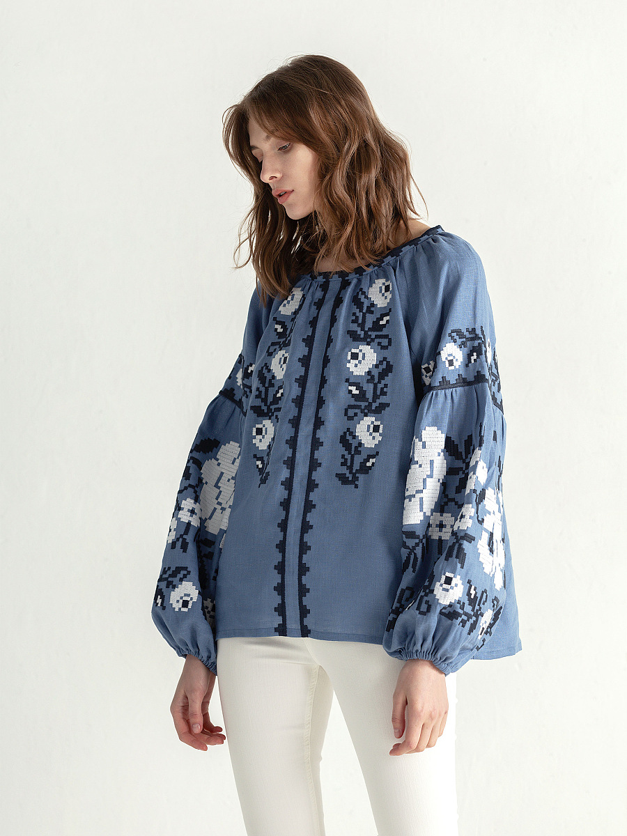 Embroidered shirt in blue linen FLOW 2 [0]