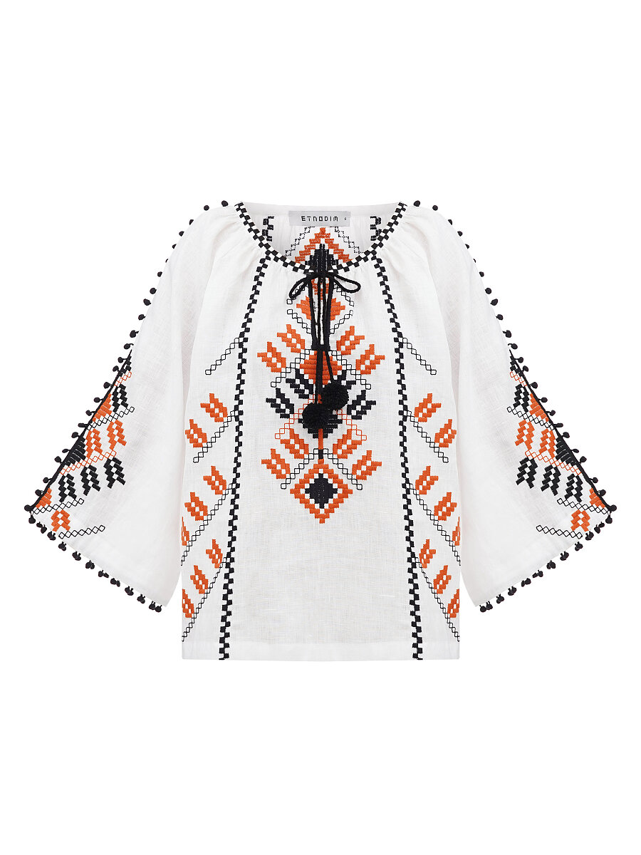 Embroidered shirt in boho style with white linen Bee [0]