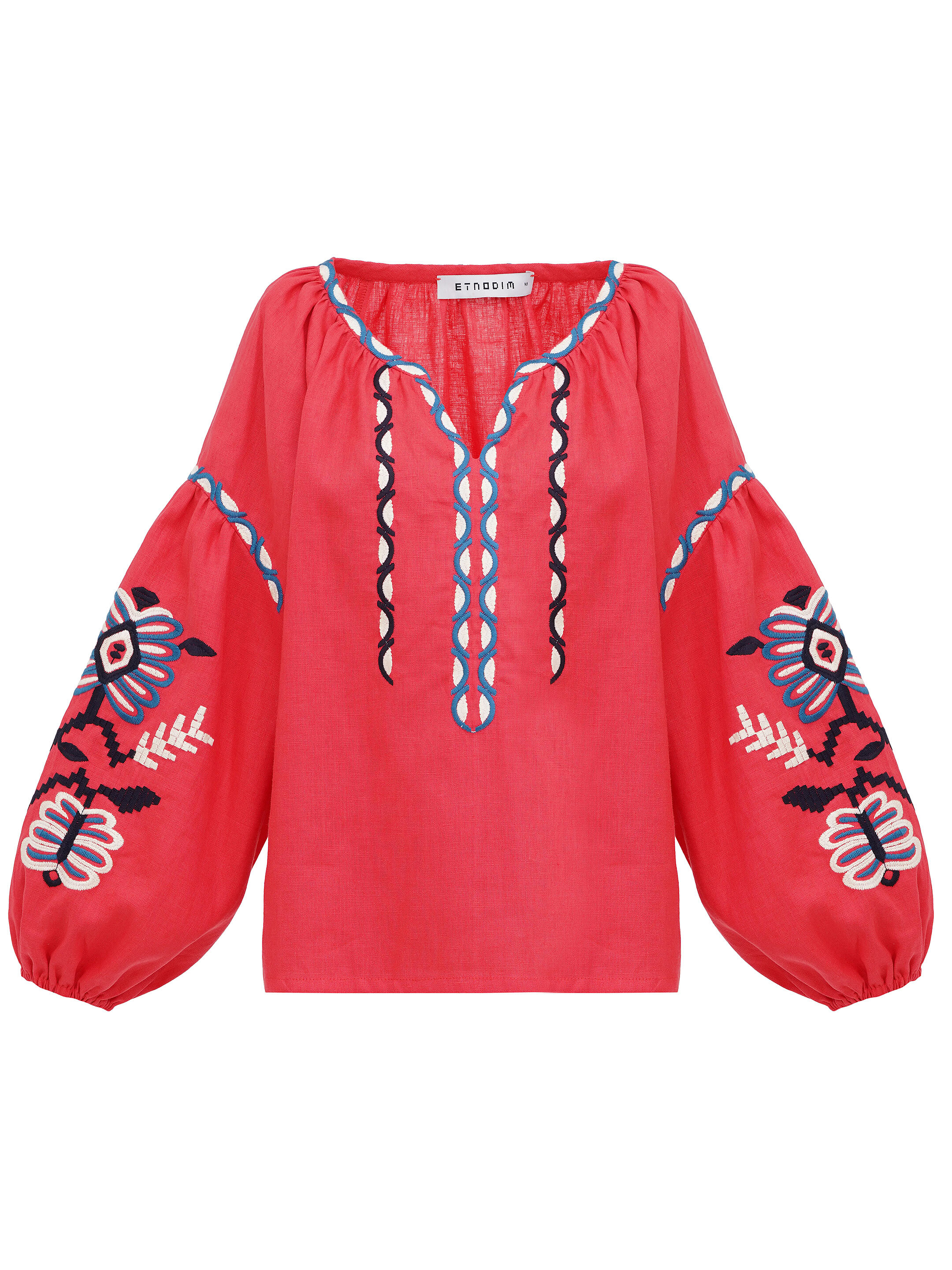 Embroidered shirt in linen with floral ornament Butterfly red choose