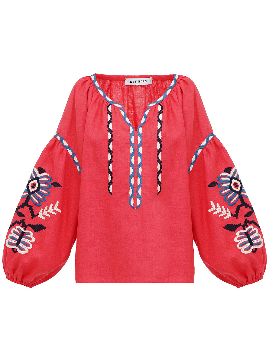 Embroidered shirt in linen with floral ornament Butterfly red [0]
