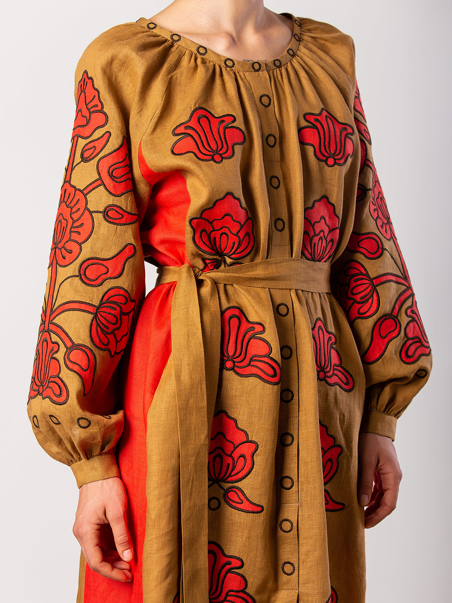 Linen midi dress with applique embroidery Poppy [0]