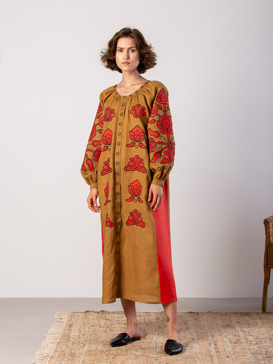 Linen midi dress with applique embroidery Poppy [0]
