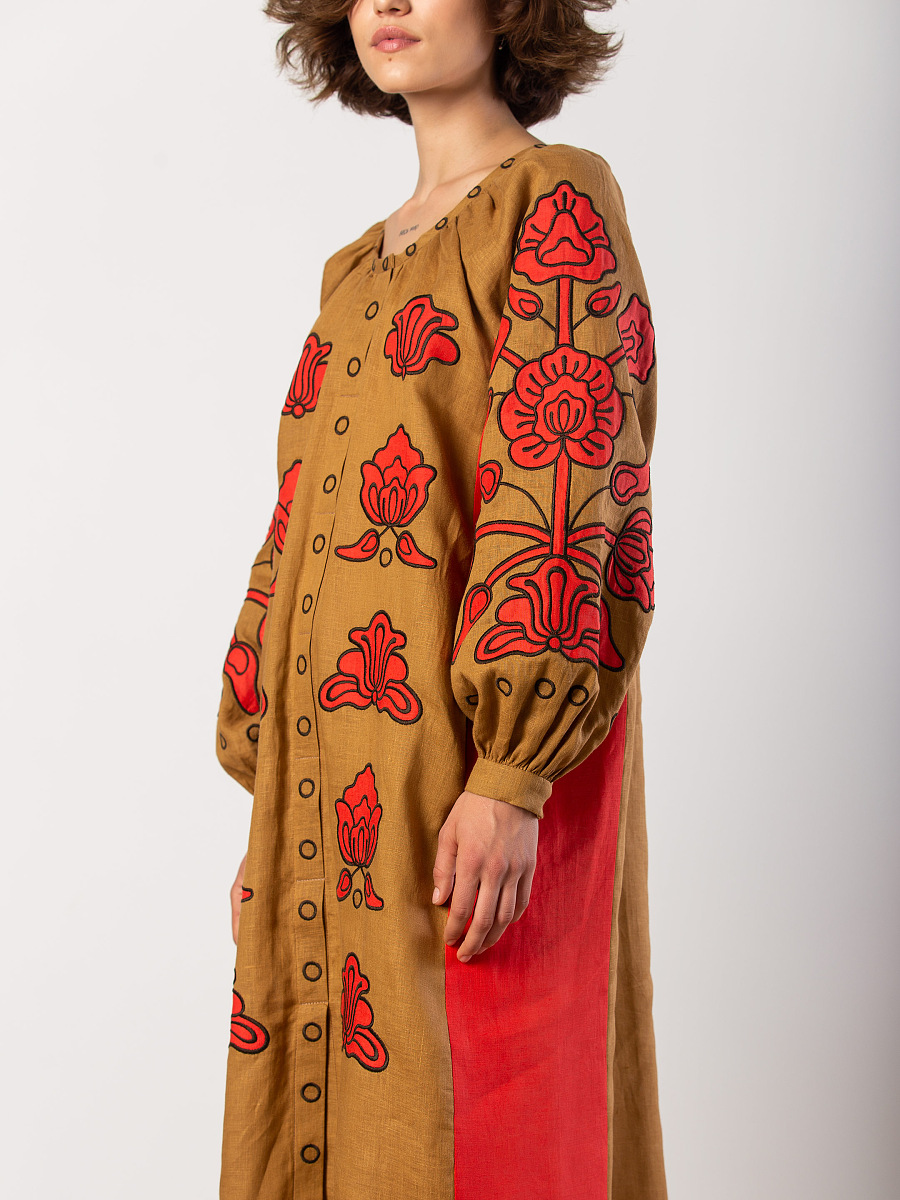 Linen midi dress with applique embroidery Poppy [0]