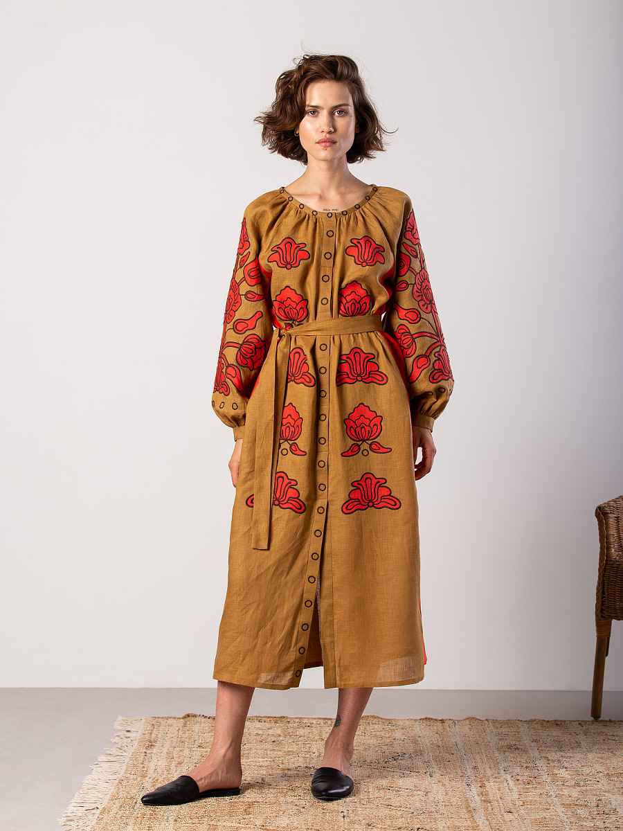 Linen midi dress with applique embroidery Poppy [0]