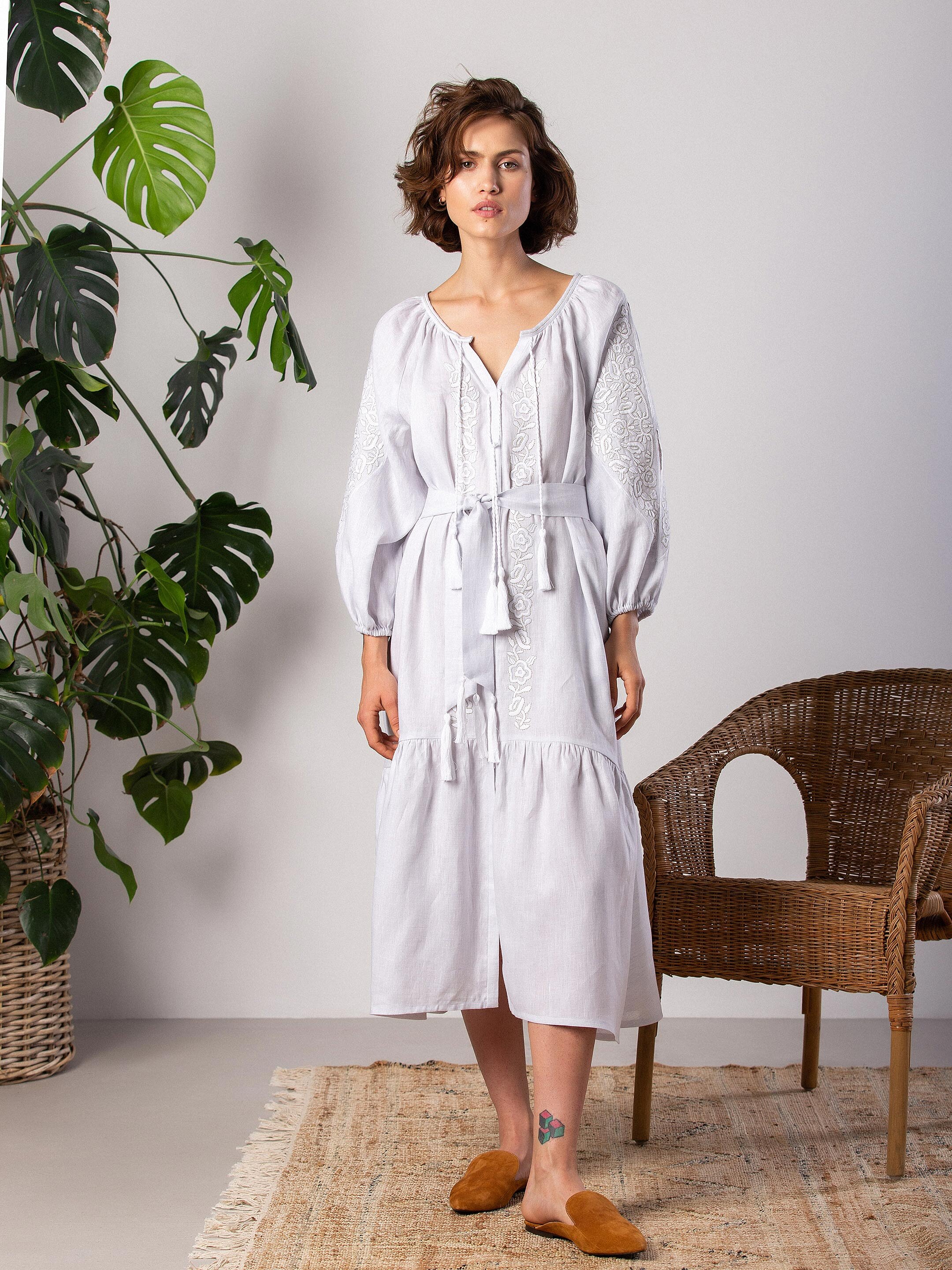 Light linen dress with embroidery in tone Jasmine White Buy