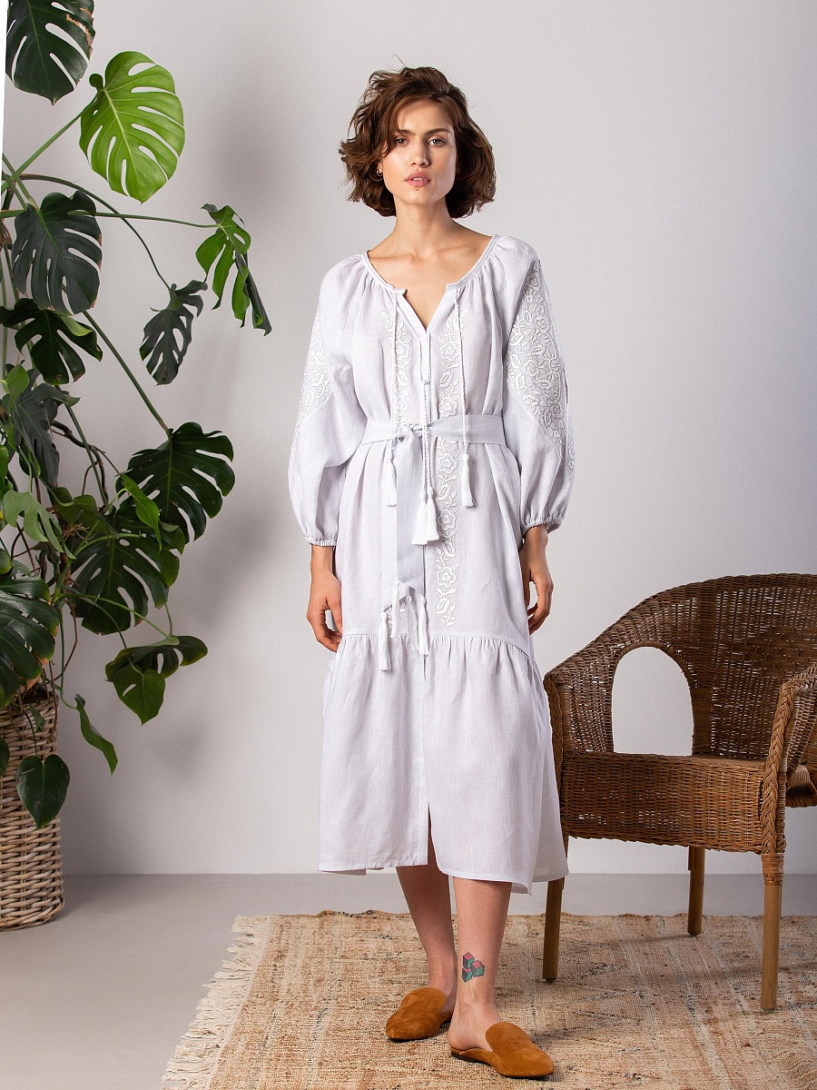 Light linen dress with embroidery in tone Jasmine White [0]