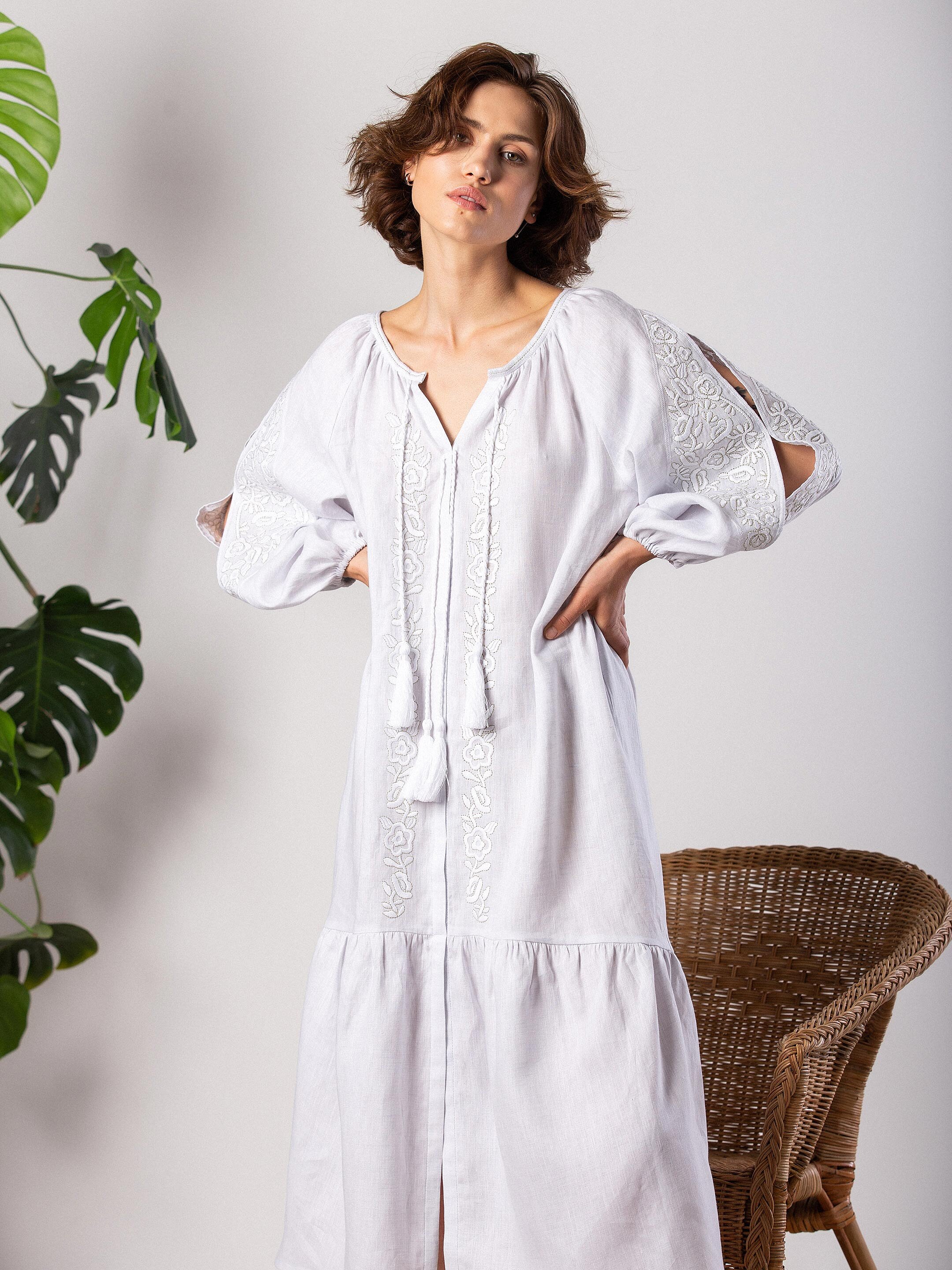 Light linen dress with embroidery in tone Jasmine White in Ukraine