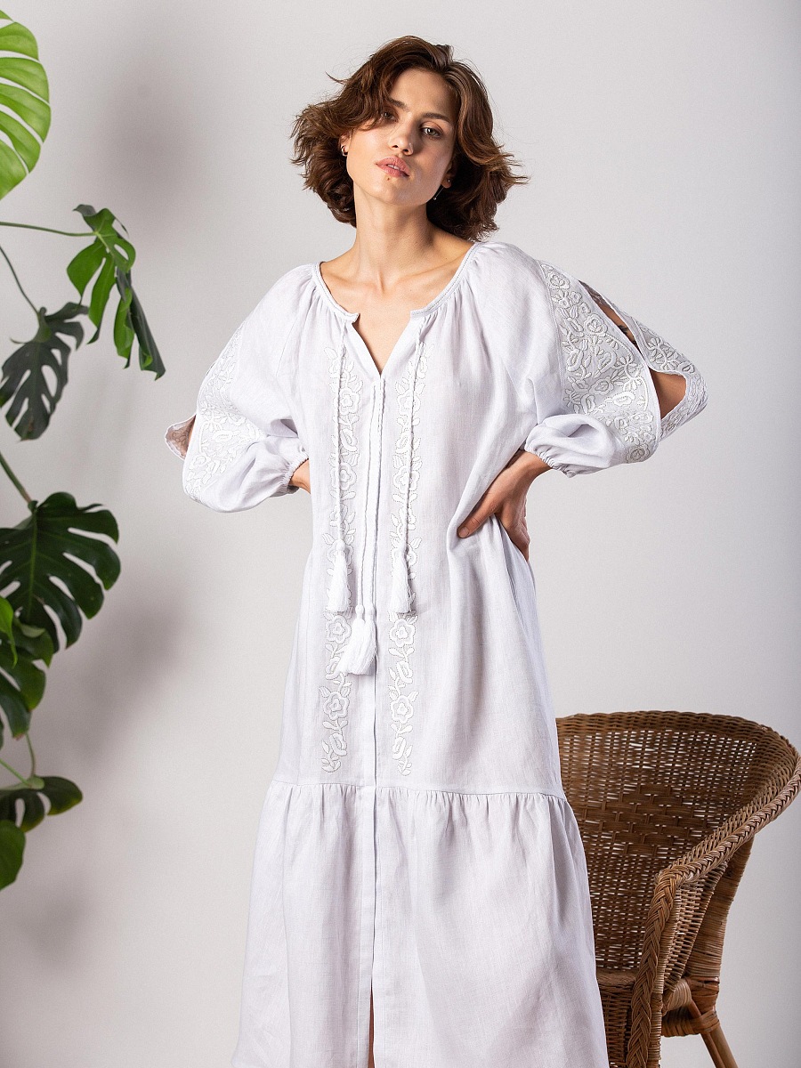 Light linen dress with embroidery in tone Jasmine White [0]