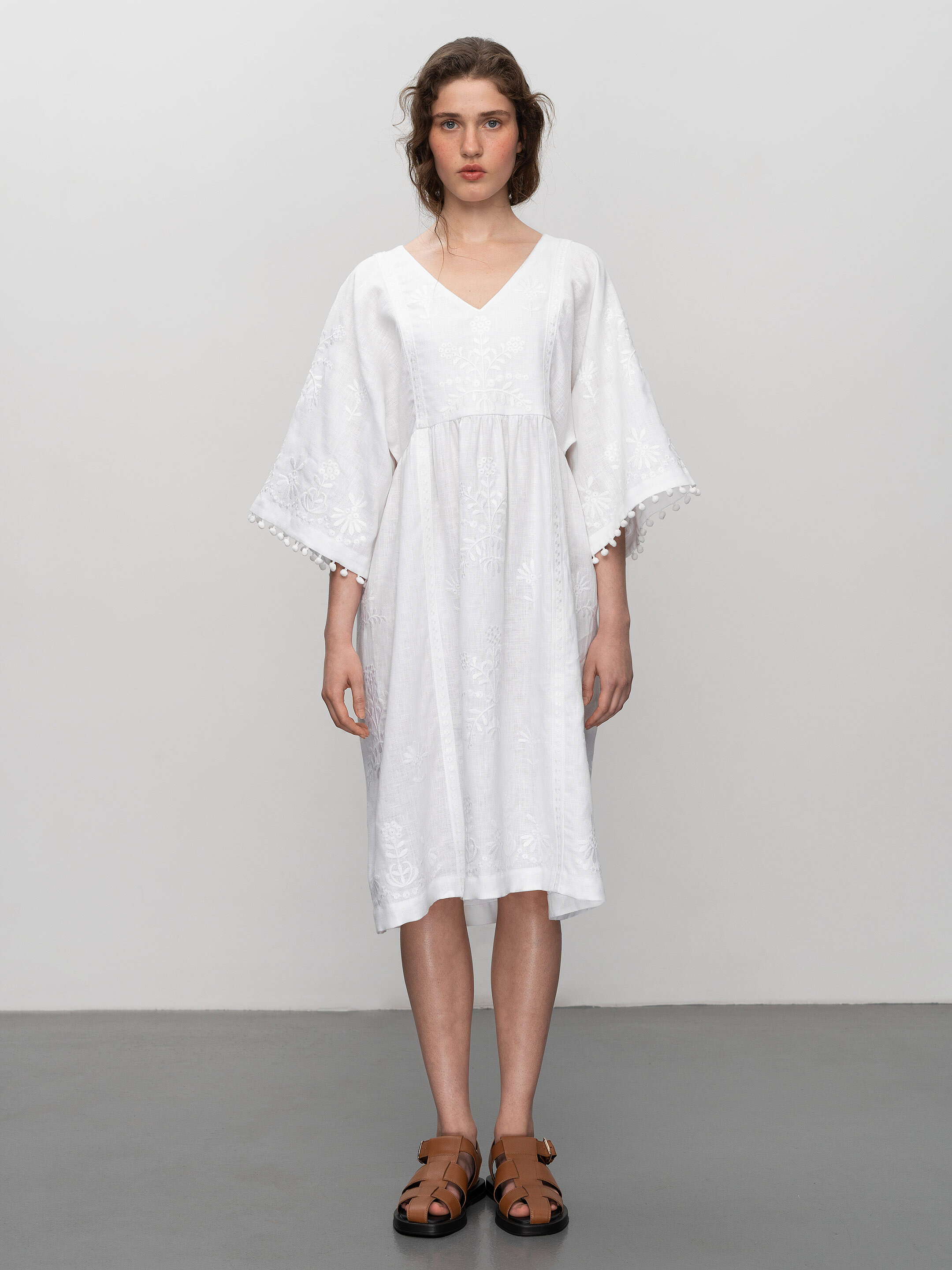 White easy linen dress with floral embroidery Virgin Buy