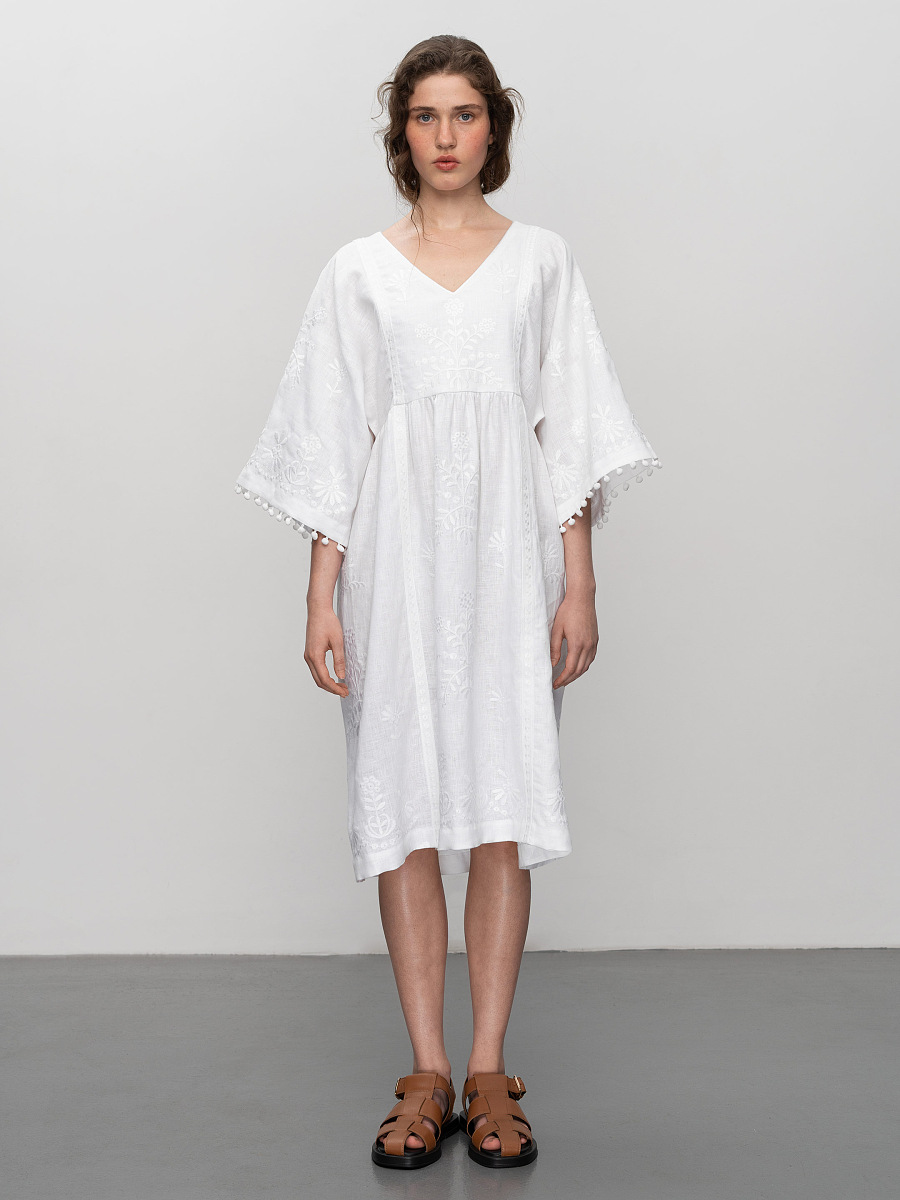 White easy linen dress with floral embroidery Virgin [0]
