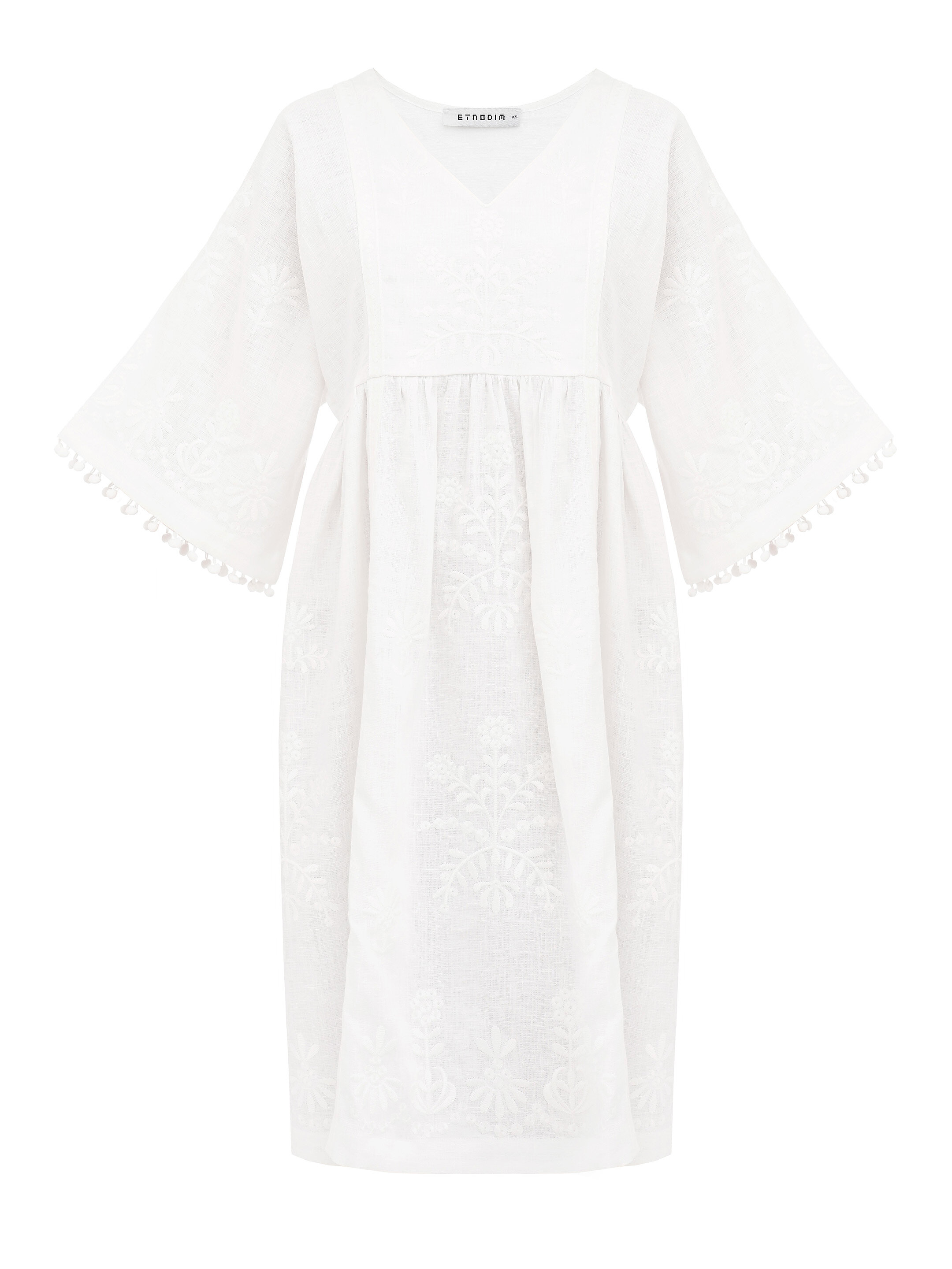 White easy linen dress with floral embroidery Virgin fitting