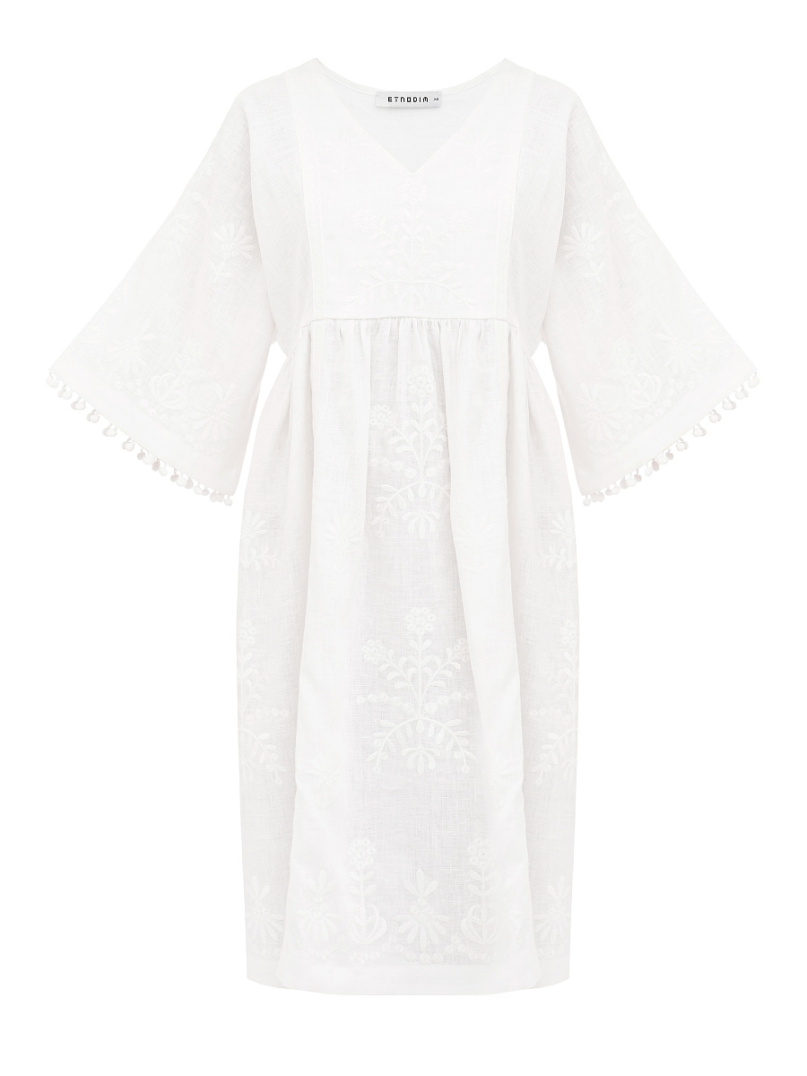 White easy linen dress with floral embroidery Virgin [0]