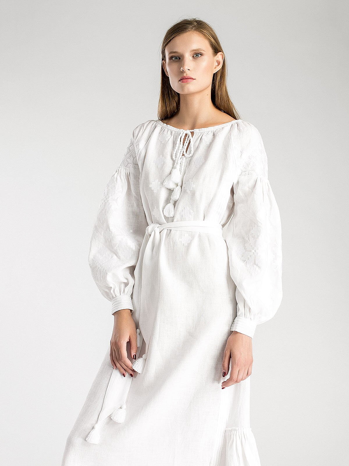 White linen maxi-dress with white embroidery MD21 cheap