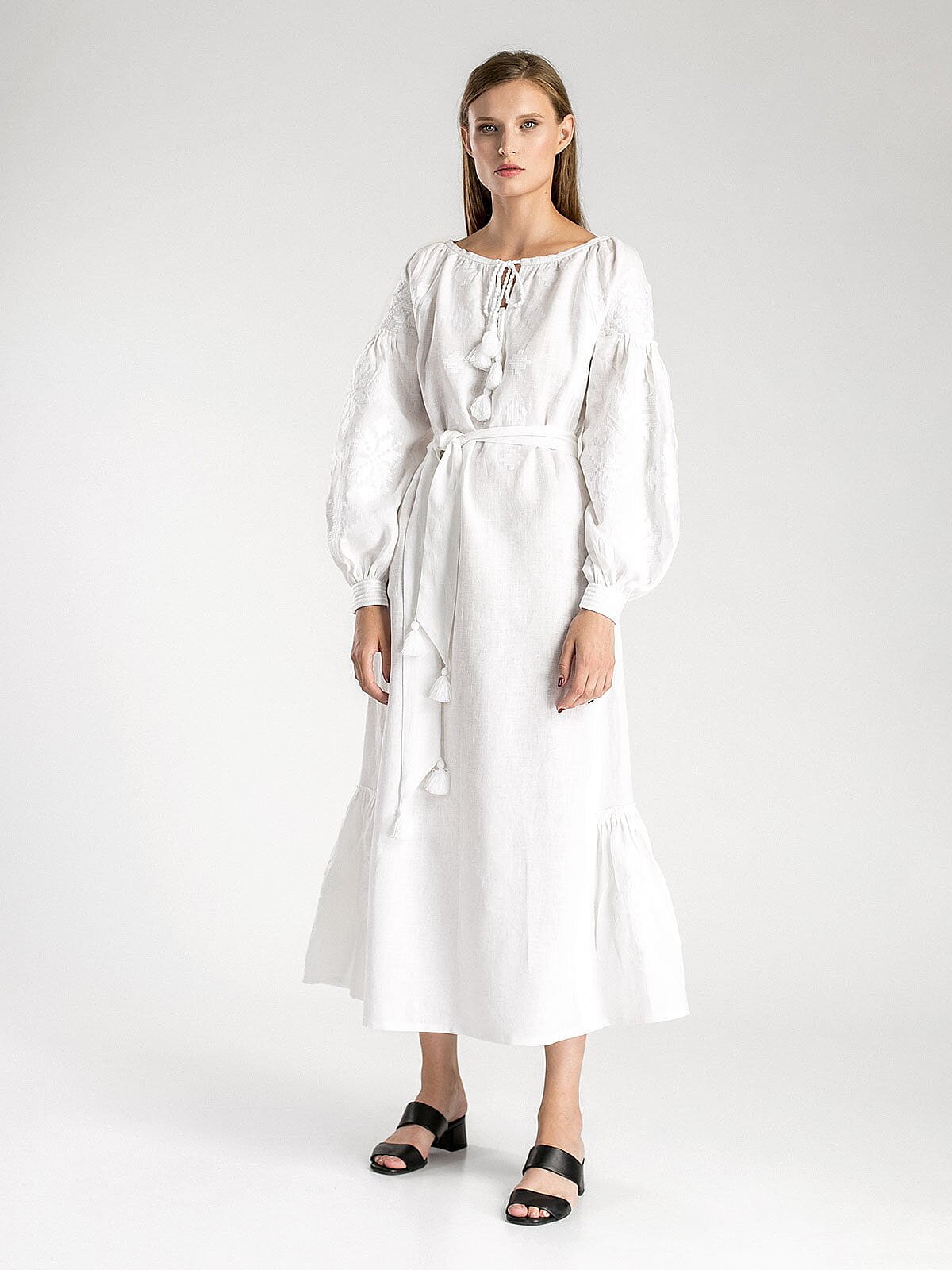 White linen maxi-dress with white embroidery MD21 Buy