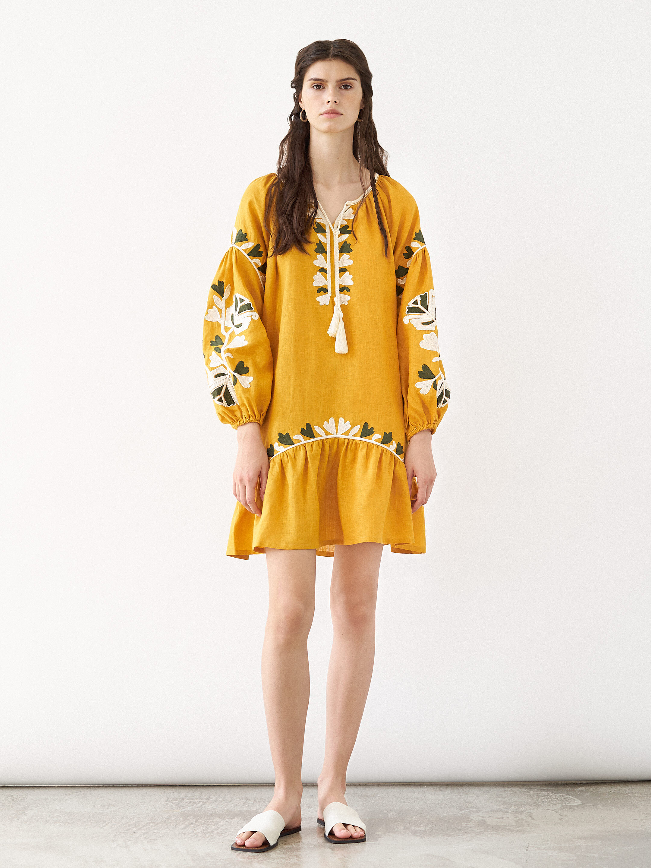 Yellow midi dress with embroidery Jungle choose