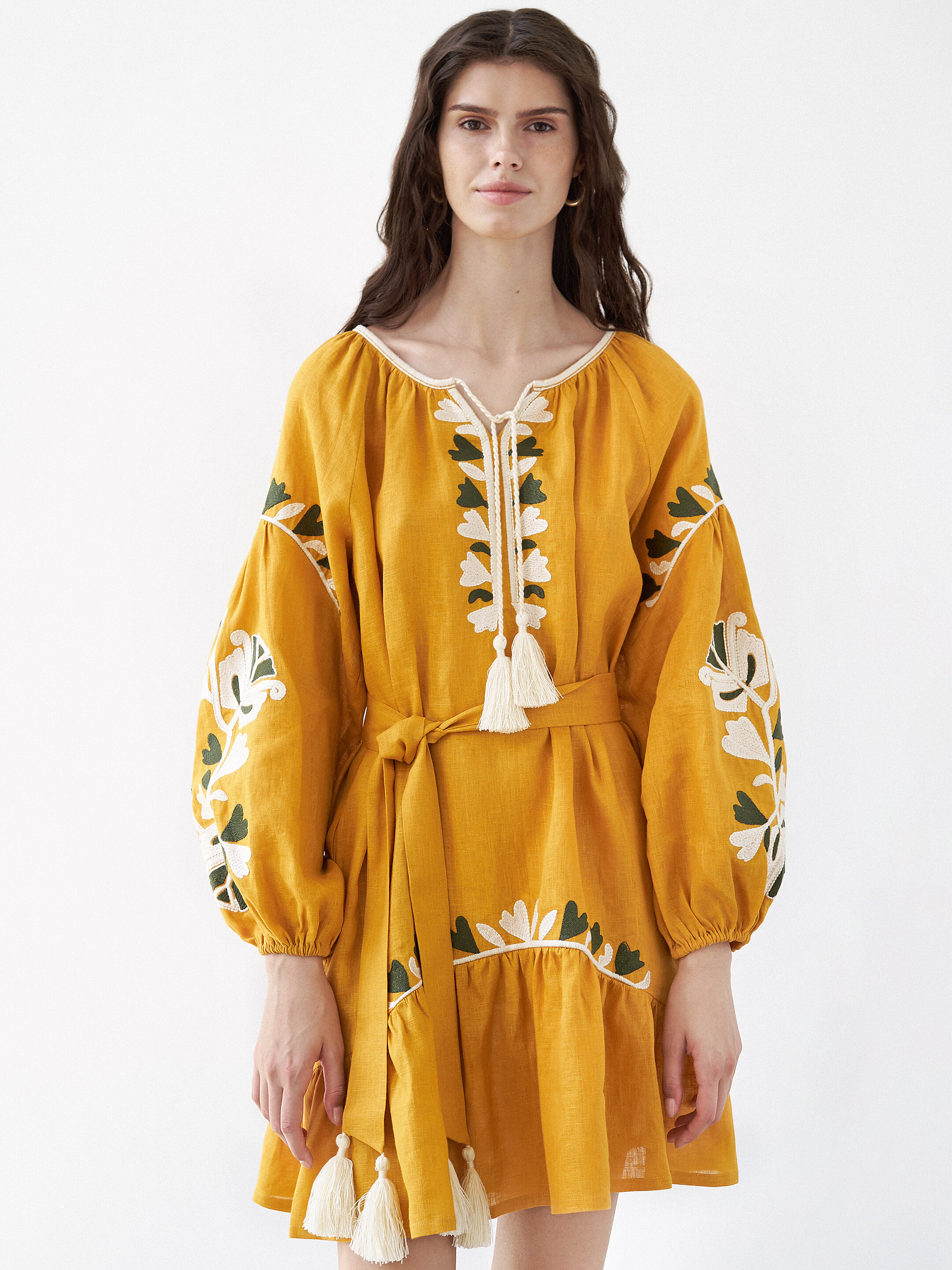 Yellow midi dress with embroidery Jungle Buy