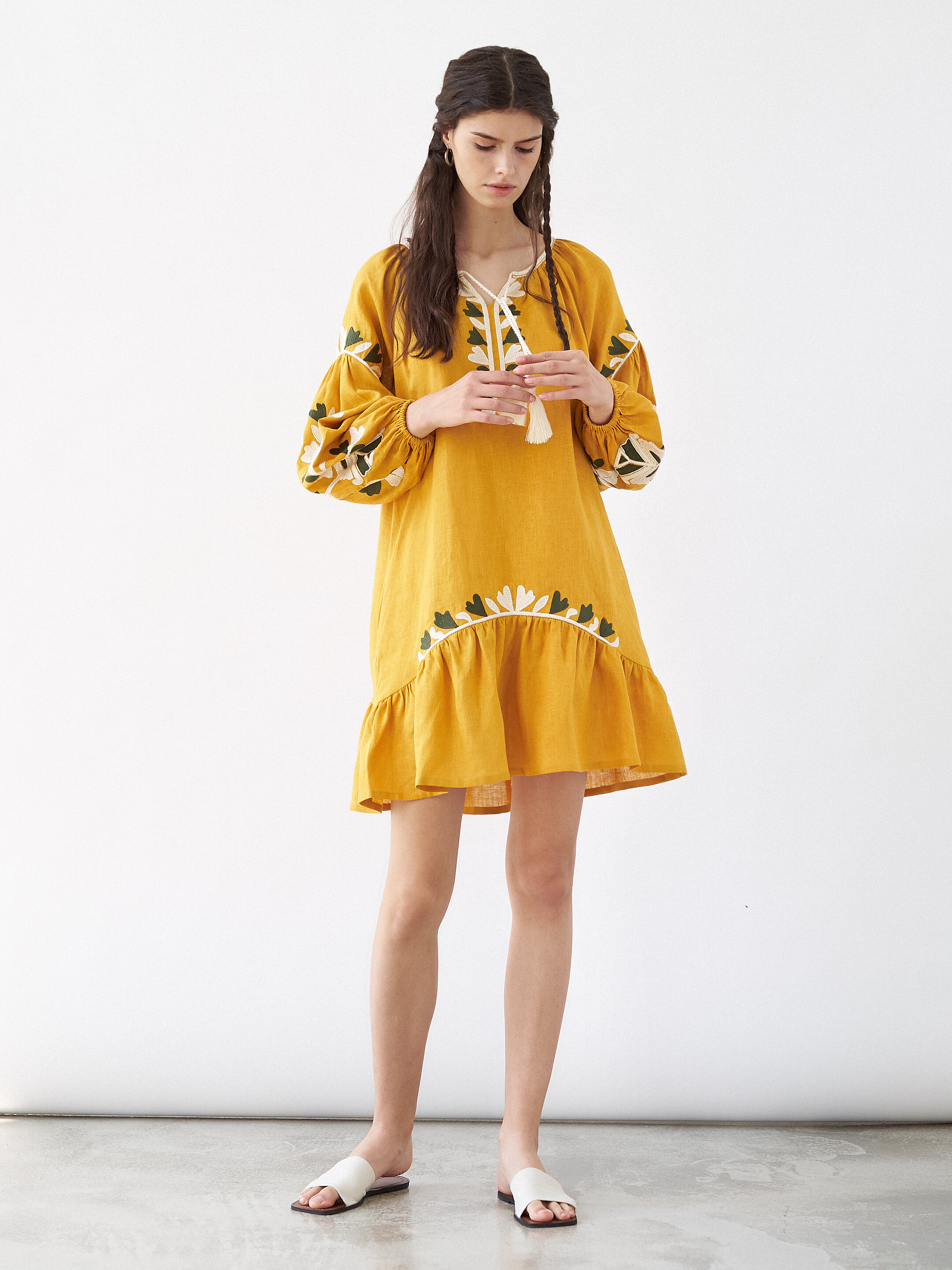 Yellow midi dress with embroidery Jungle cheap