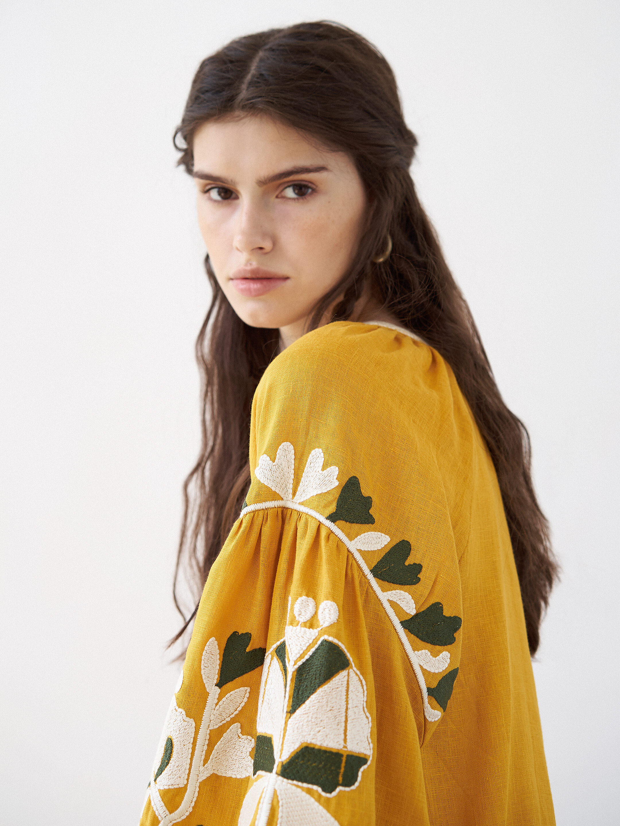 Yellow midi dress with embroidery Jungle photo