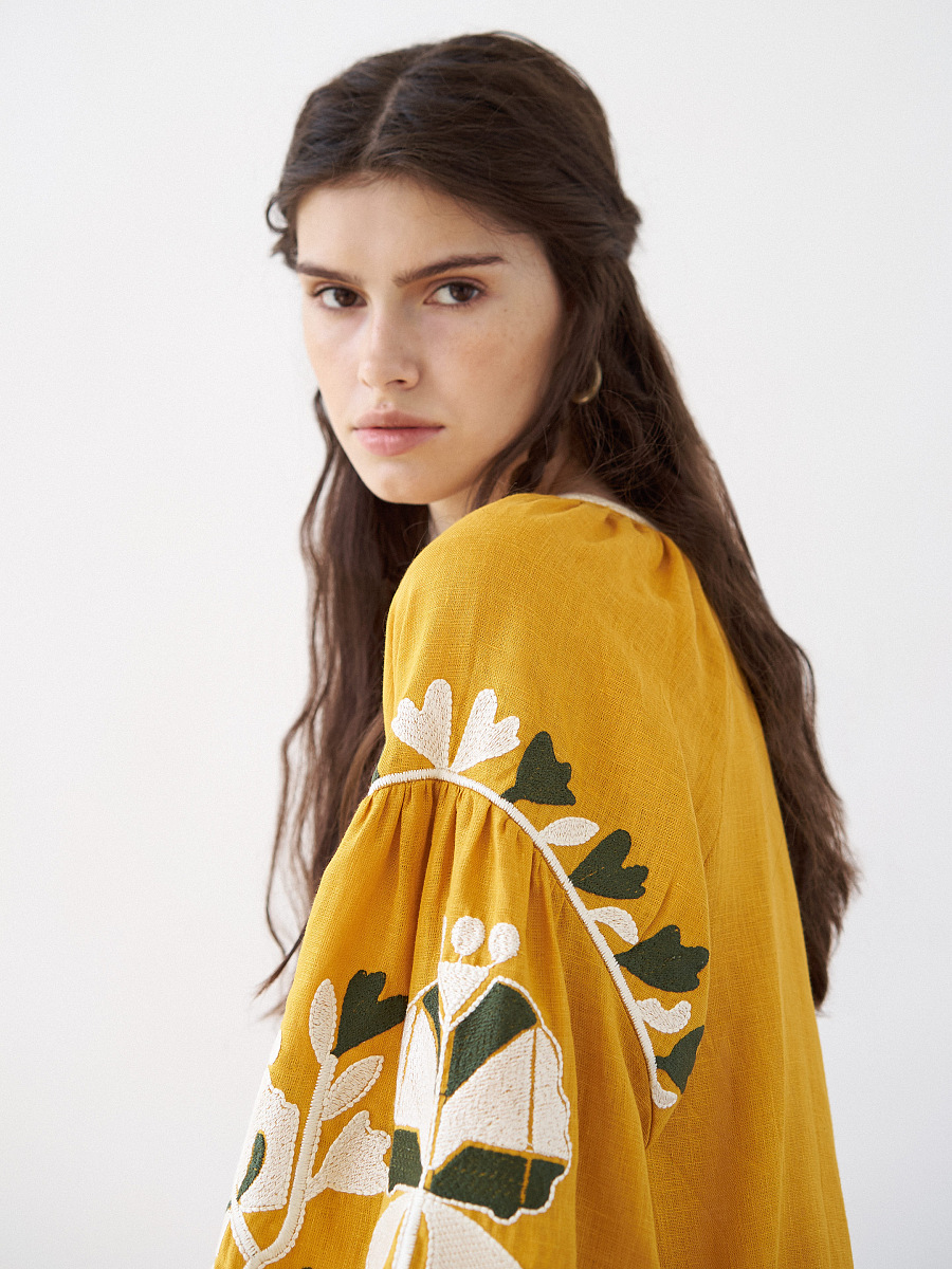 Yellow midi dress with embroidery Jungle [0]
