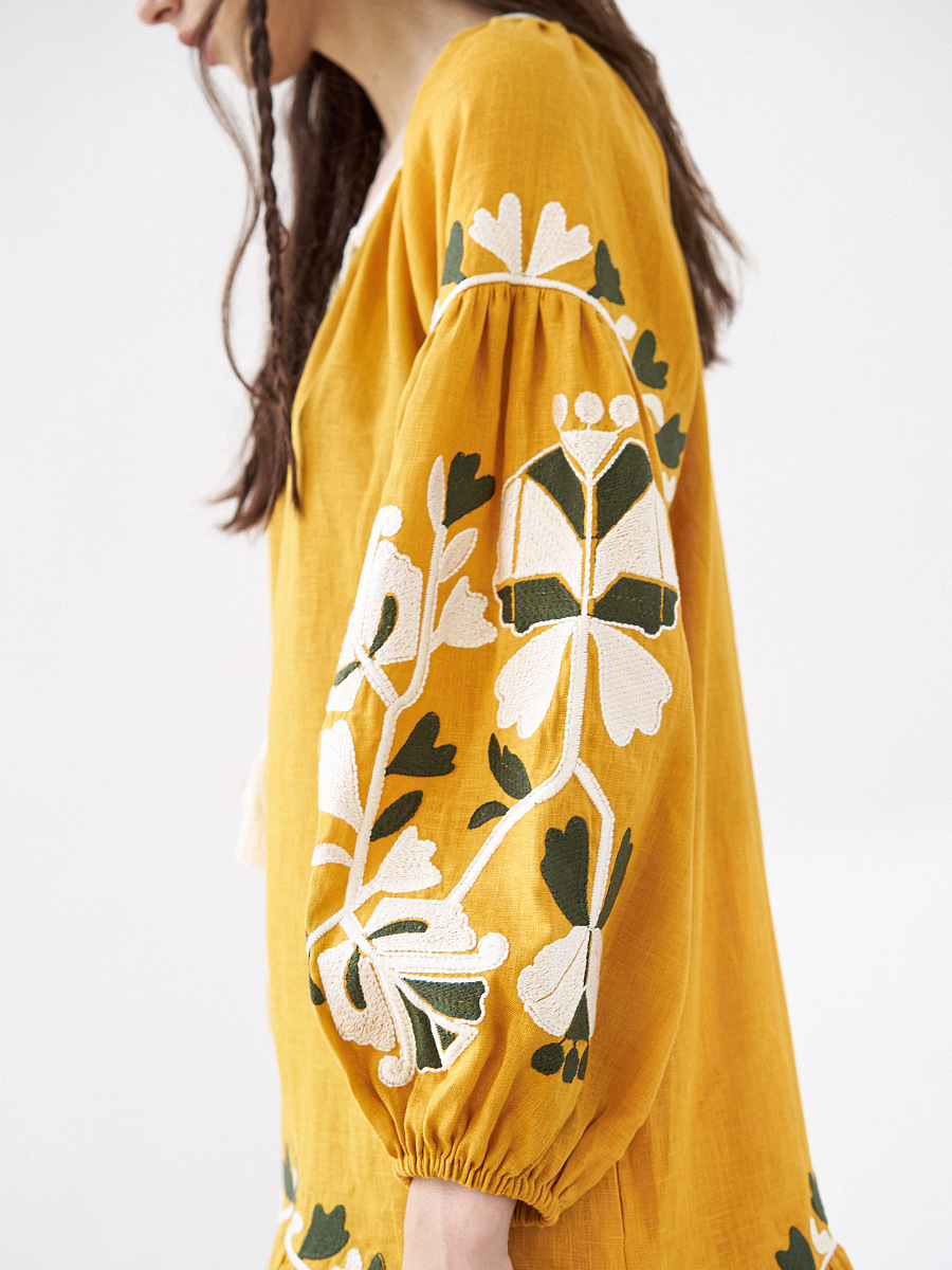 Yellow midi dress with embroidery Jungle [0]