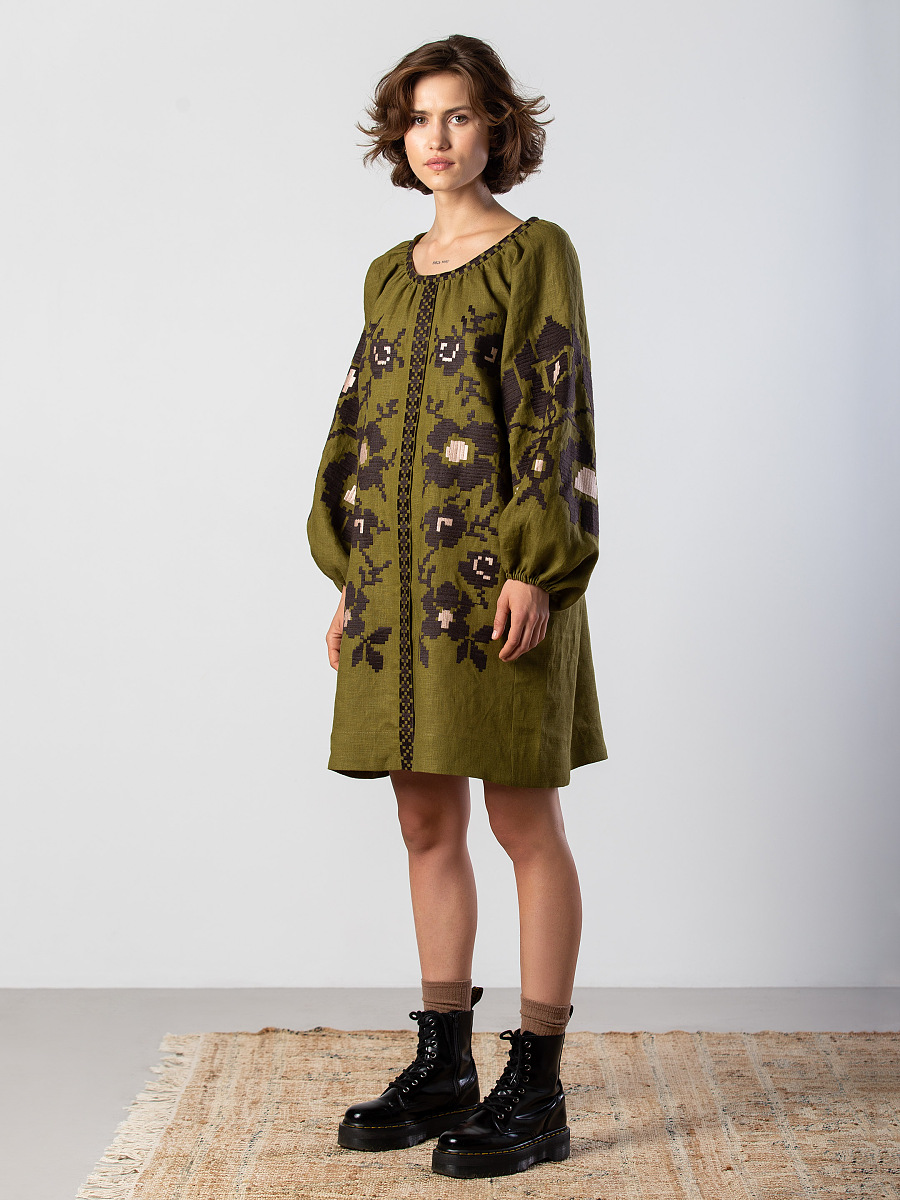 Green dress with black applique and embroidery VILHA buy in Kyiv, price —  Etnodim