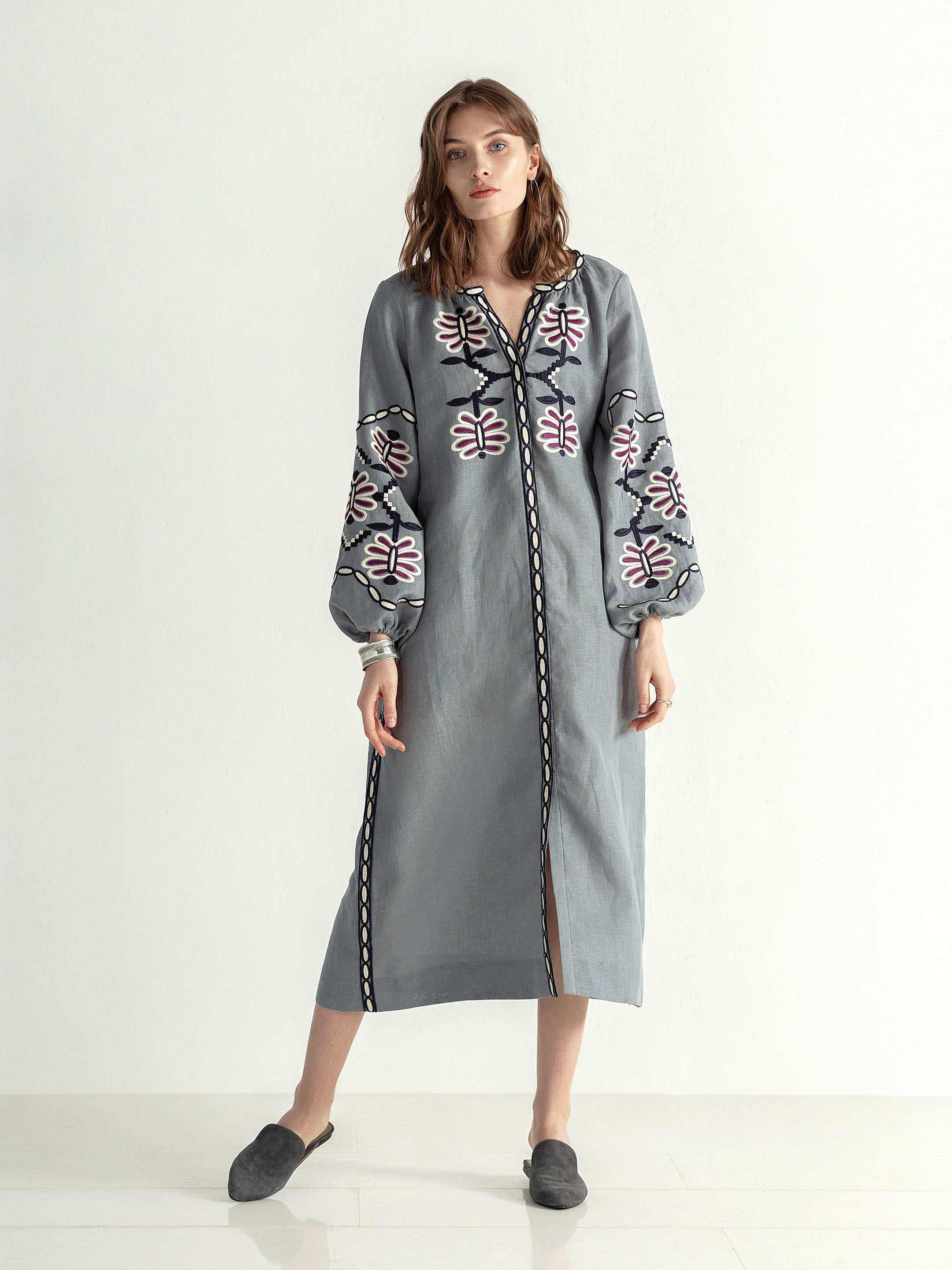 Linen midi embroidered dress Butterfly Dress - photo 1