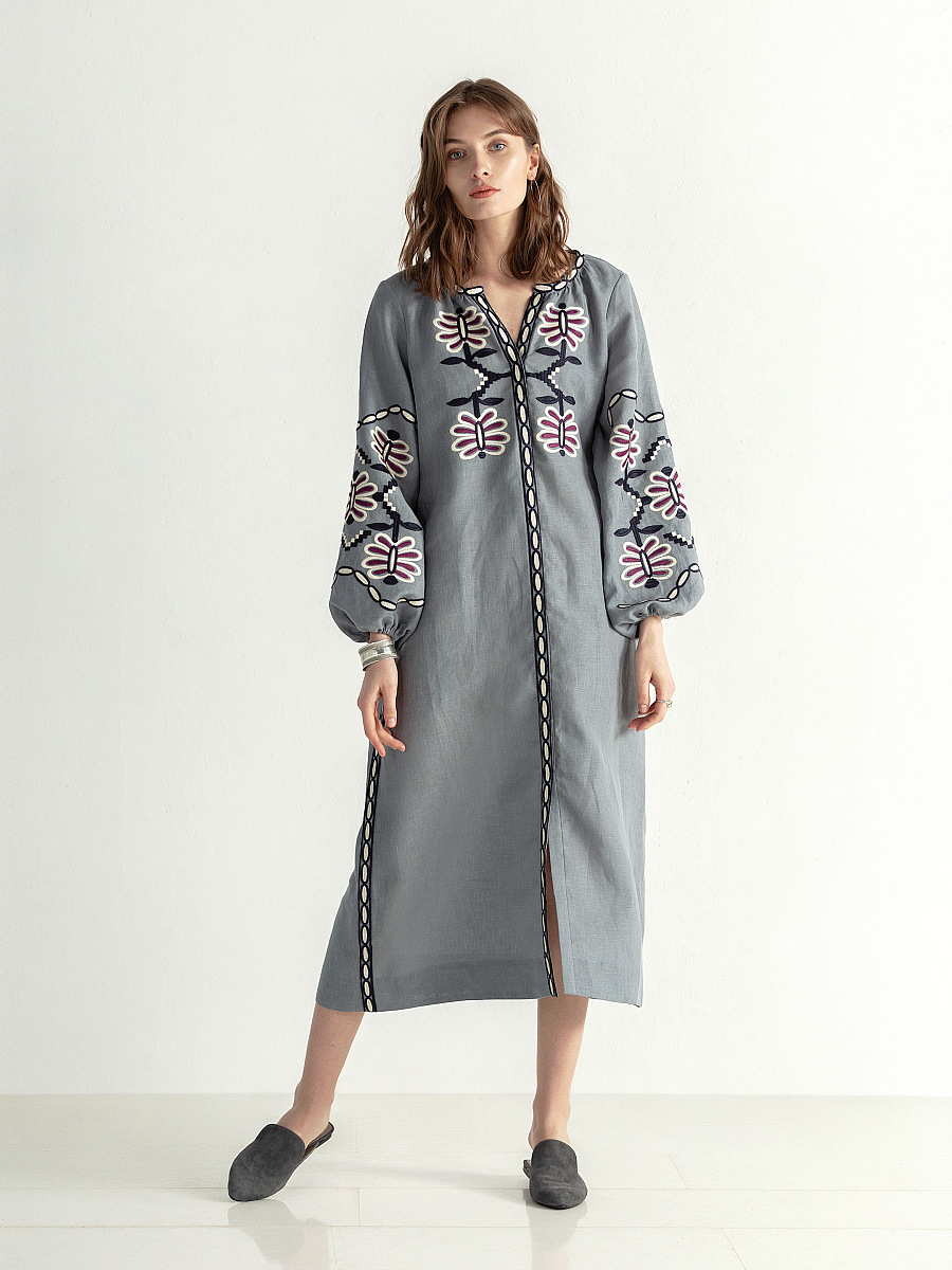 Linen midi embroidered dress Butterfly Dress [0]