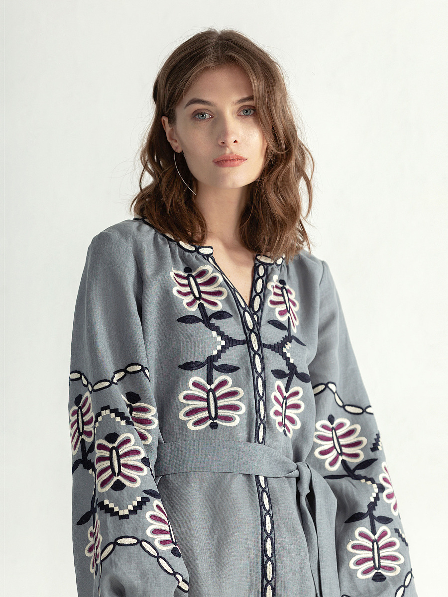 Linen midi embroidered dress Butterfly Dress [0]