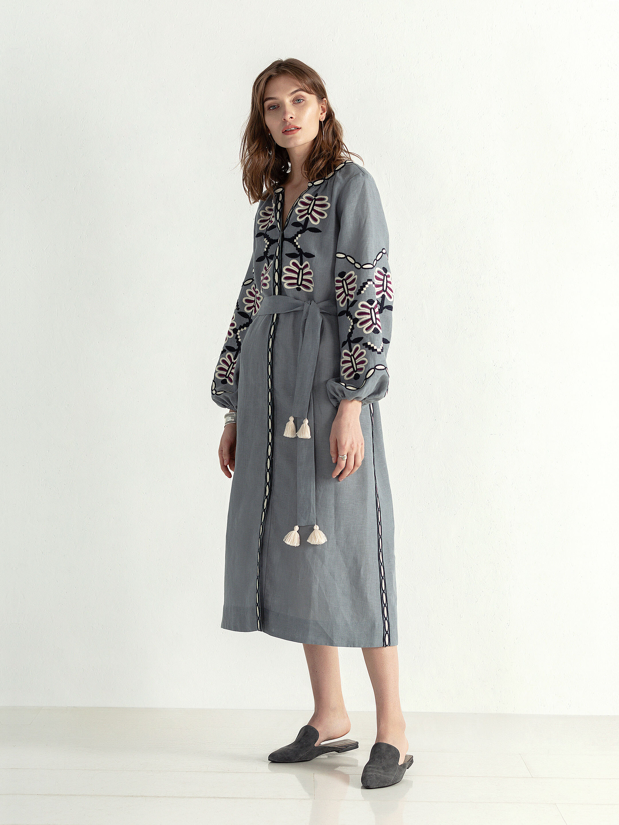 Linen midi embroidered dress Butterfly Dress fitting