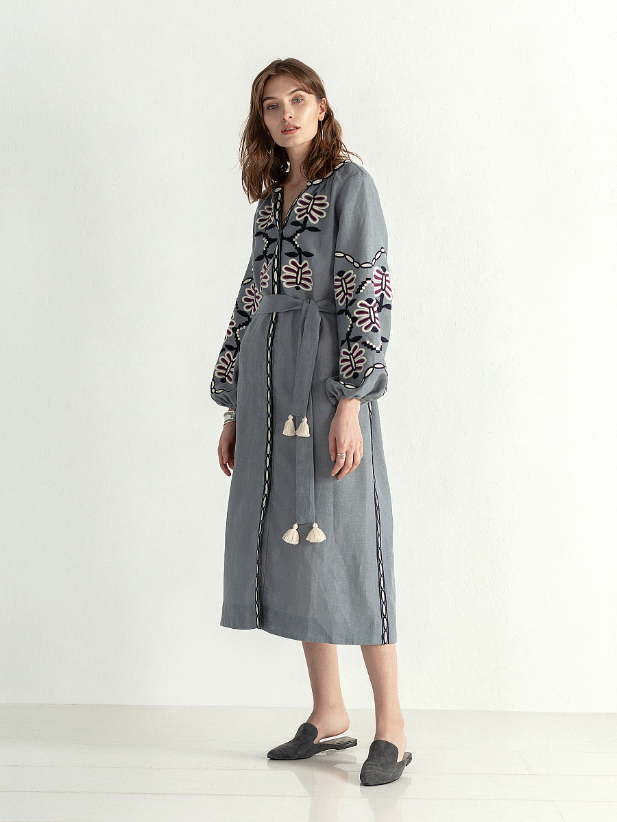 Linen midi embroidered dress Butterfly Dress [0]