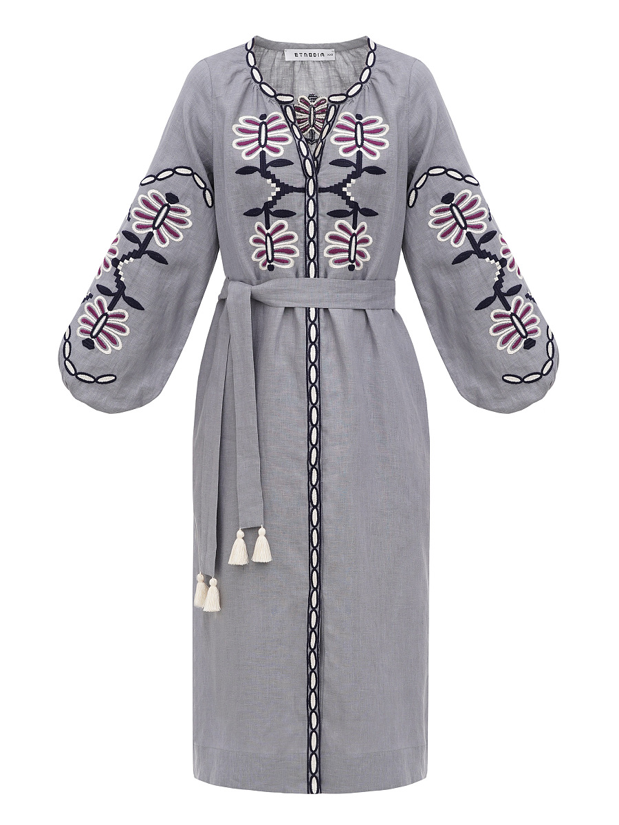 Linen midi embroidered dress Butterfly Dress [0]