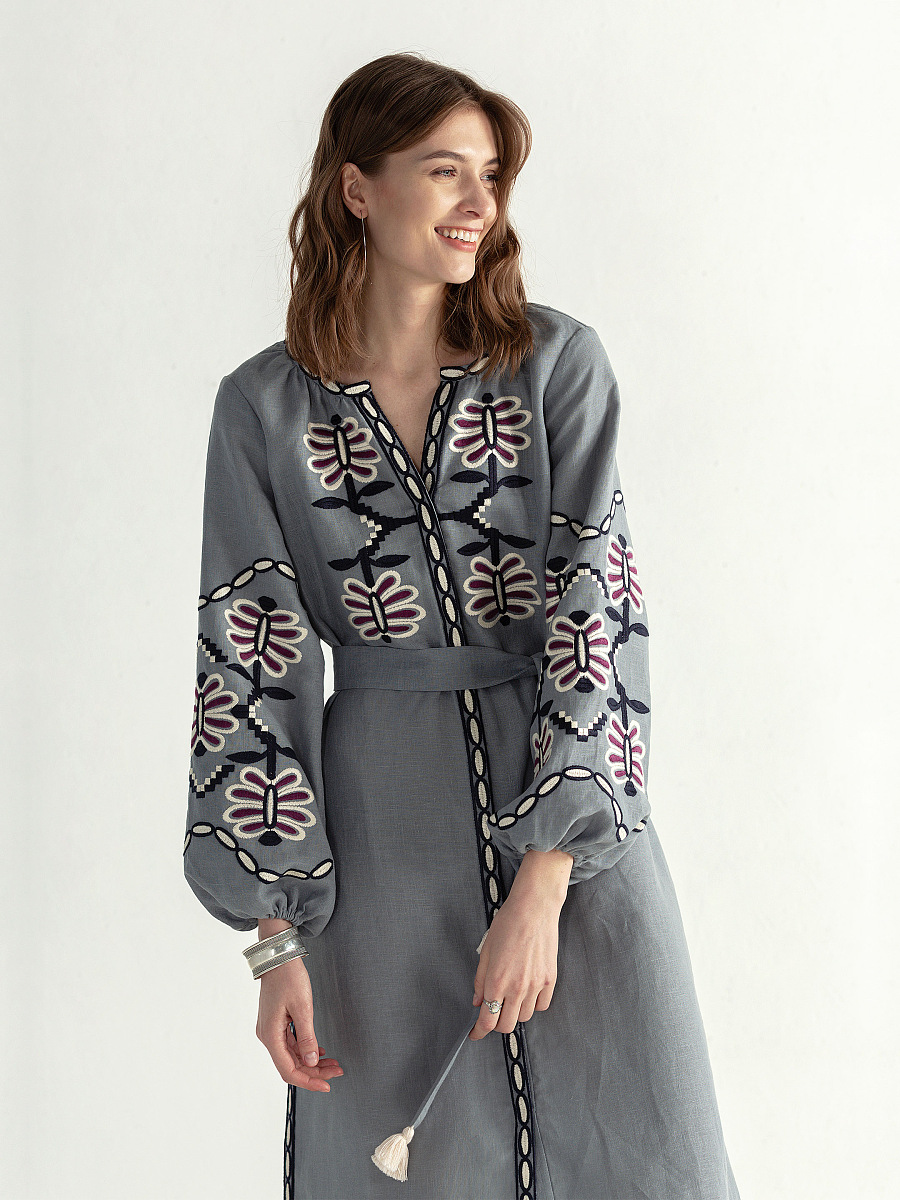 Linen midi embroidered dress Butterfly Dress [0]