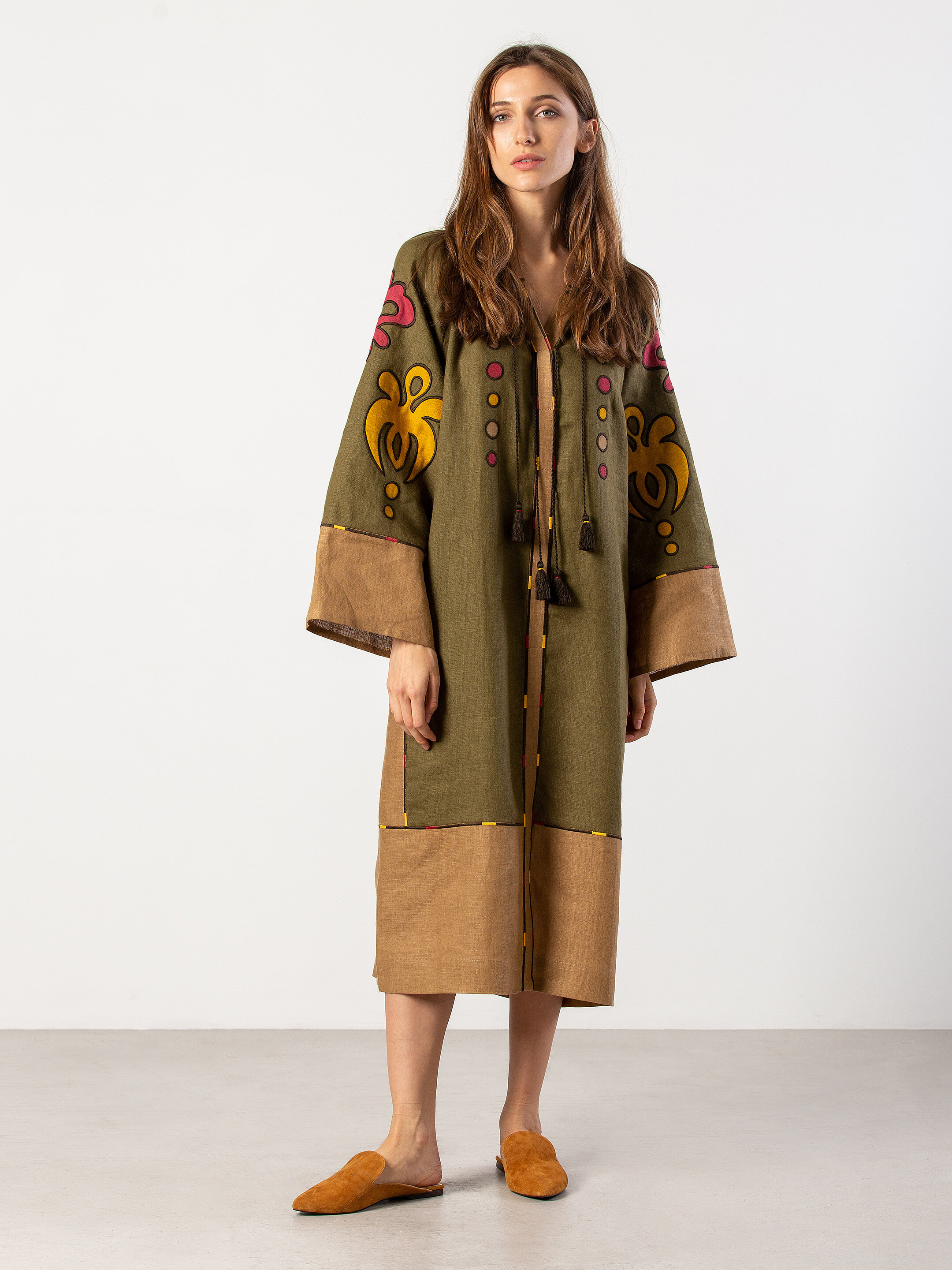 Midi dress in khaki color with applique and embroidery Meduza Dress Buy