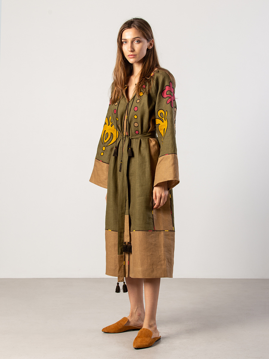 Midi dress in khaki color with applique and embroidery Meduza Dress [0]
