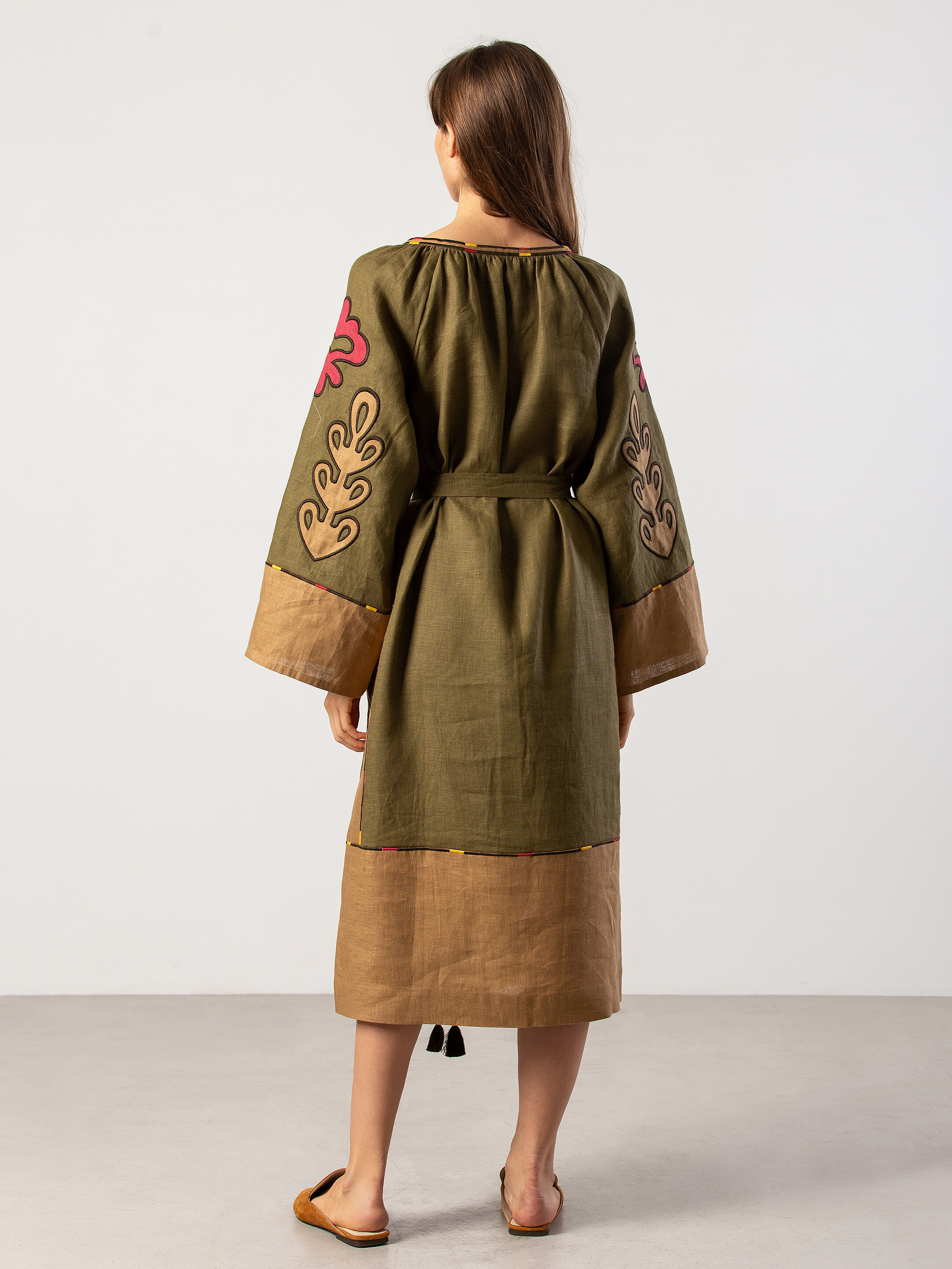 Midi dress in khaki color with applique and embroidery Meduza Dress in Ukraine