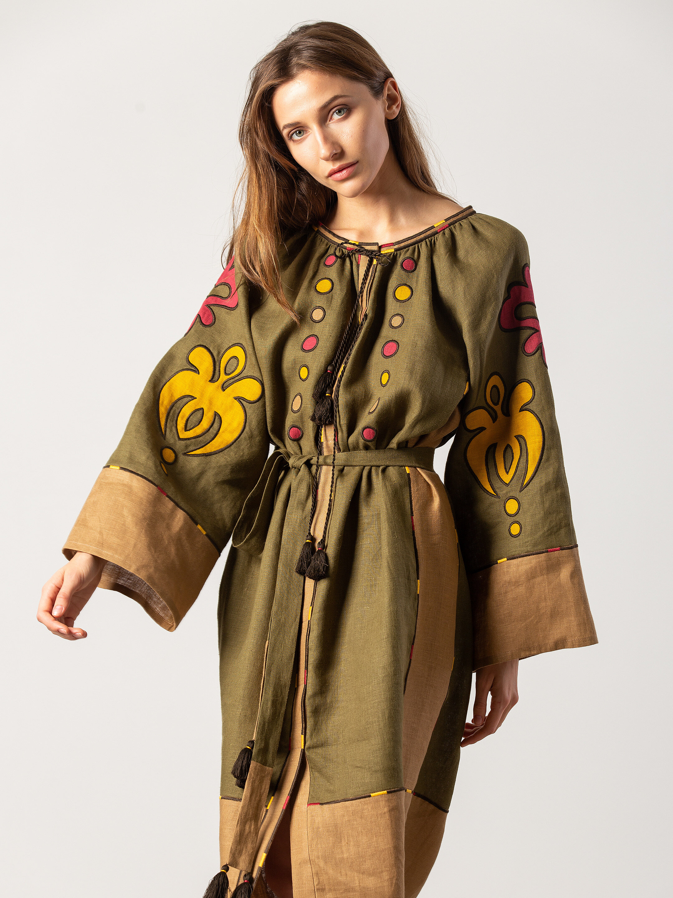 Midi dress in khaki color with applique and embroidery Meduza Dress cheap