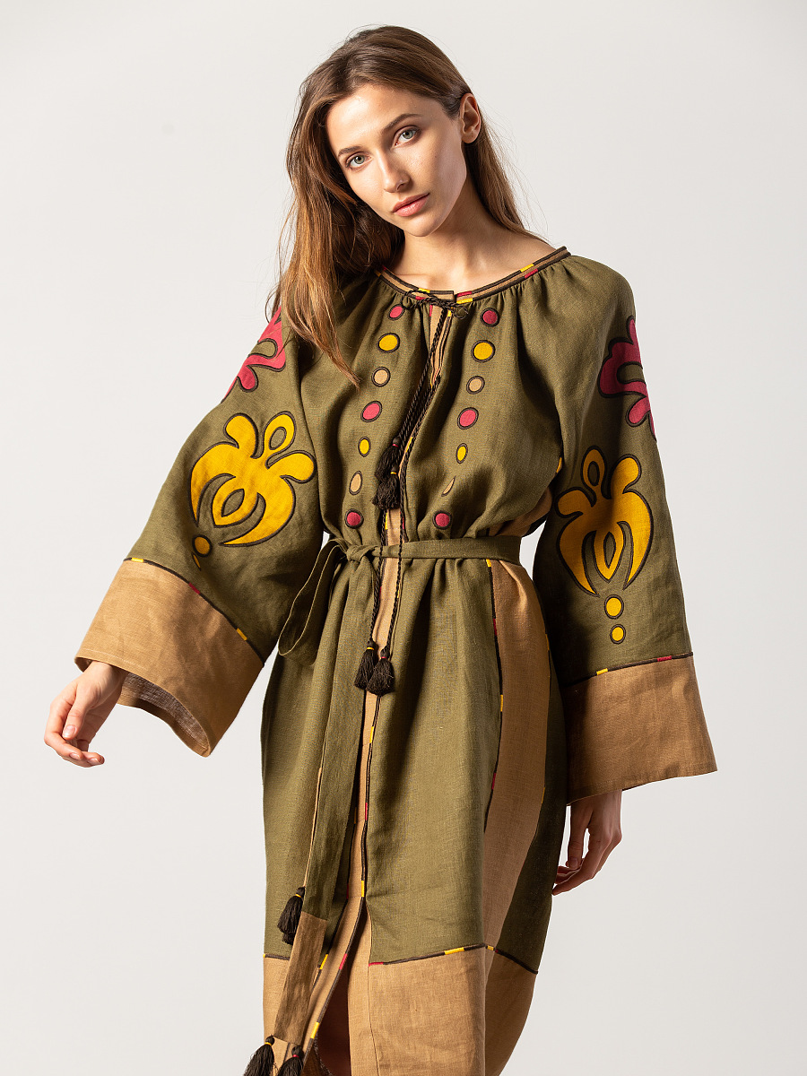 Midi dress in khaki color with applique and embroidery Meduza Dress [0]