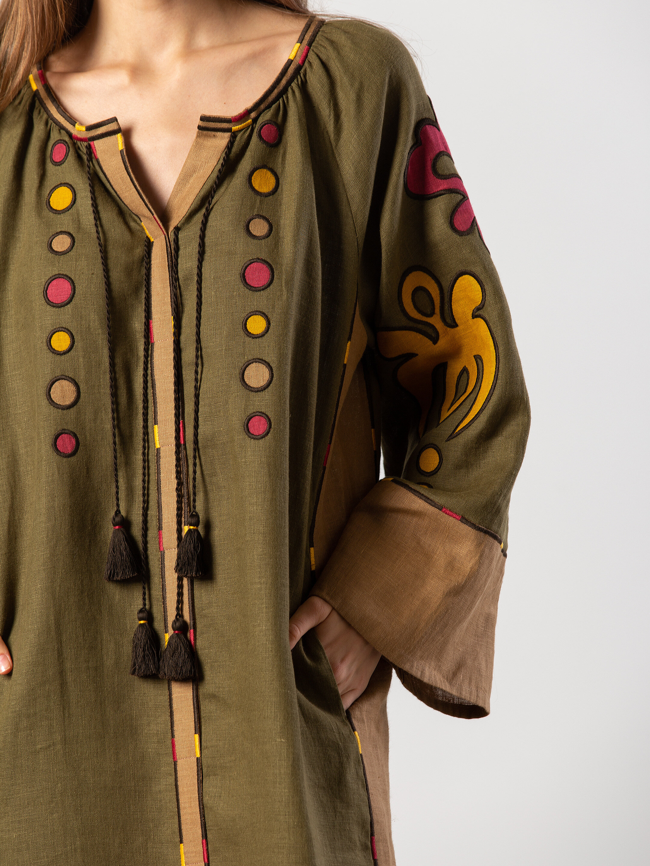 Midi dress in khaki color with applique and embroidery Meduza Dress photo