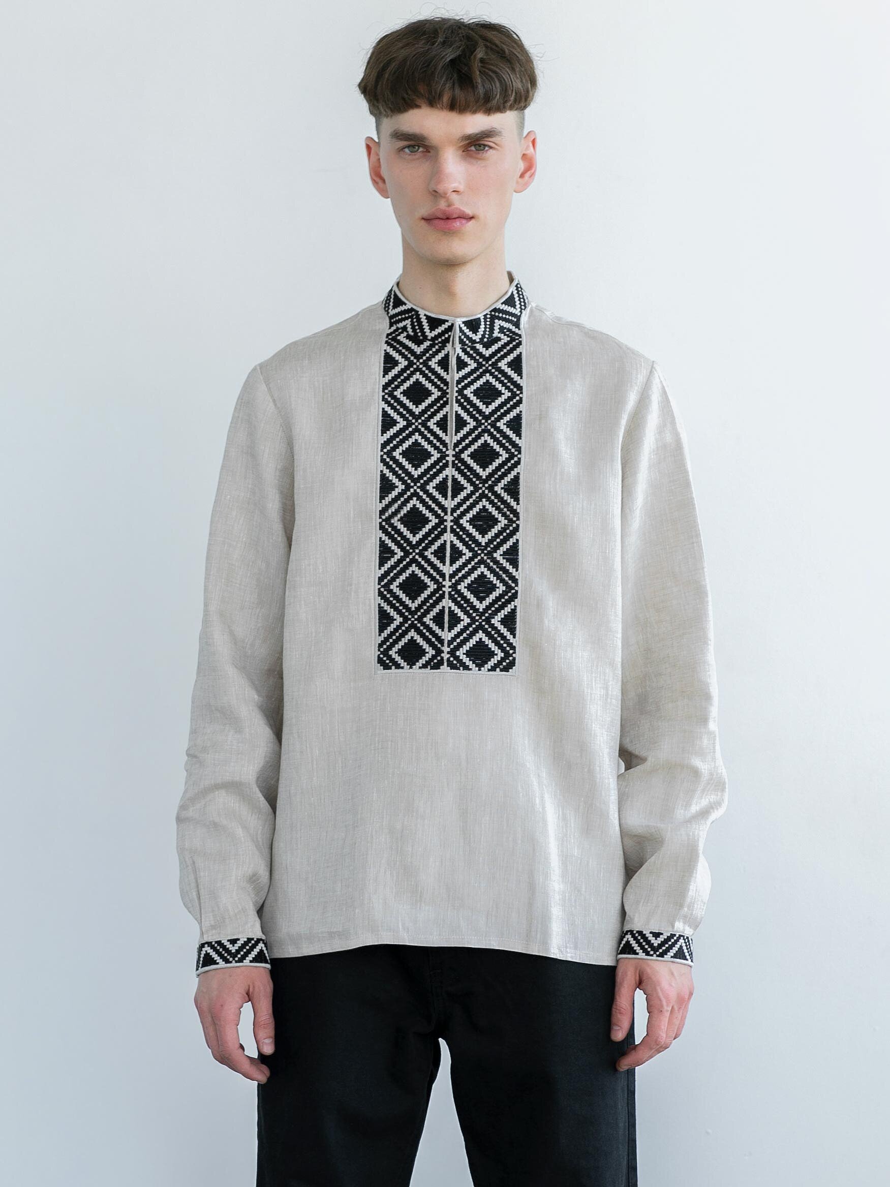 Men's shirt from gray linen with embroidered black rhombs ED1 Buy