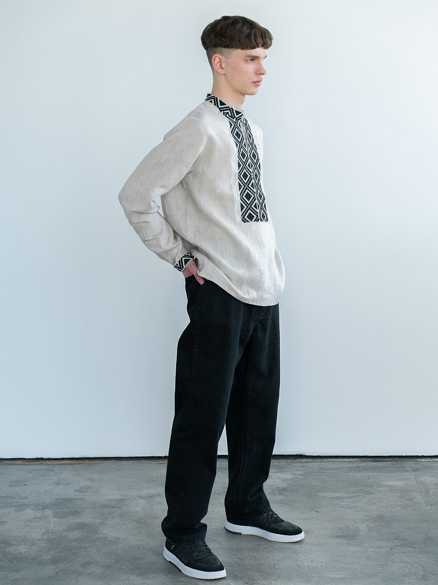 Men's shirt from gray linen with embroidered black rhombs ED1 [0]