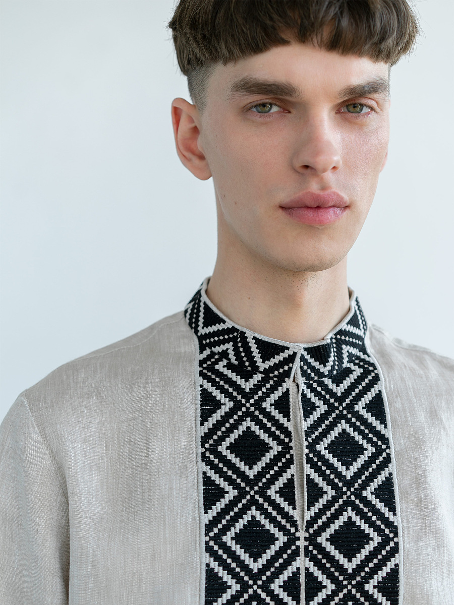 Men's shirt from gray linen with embroidered black rhombs ED1 [0]