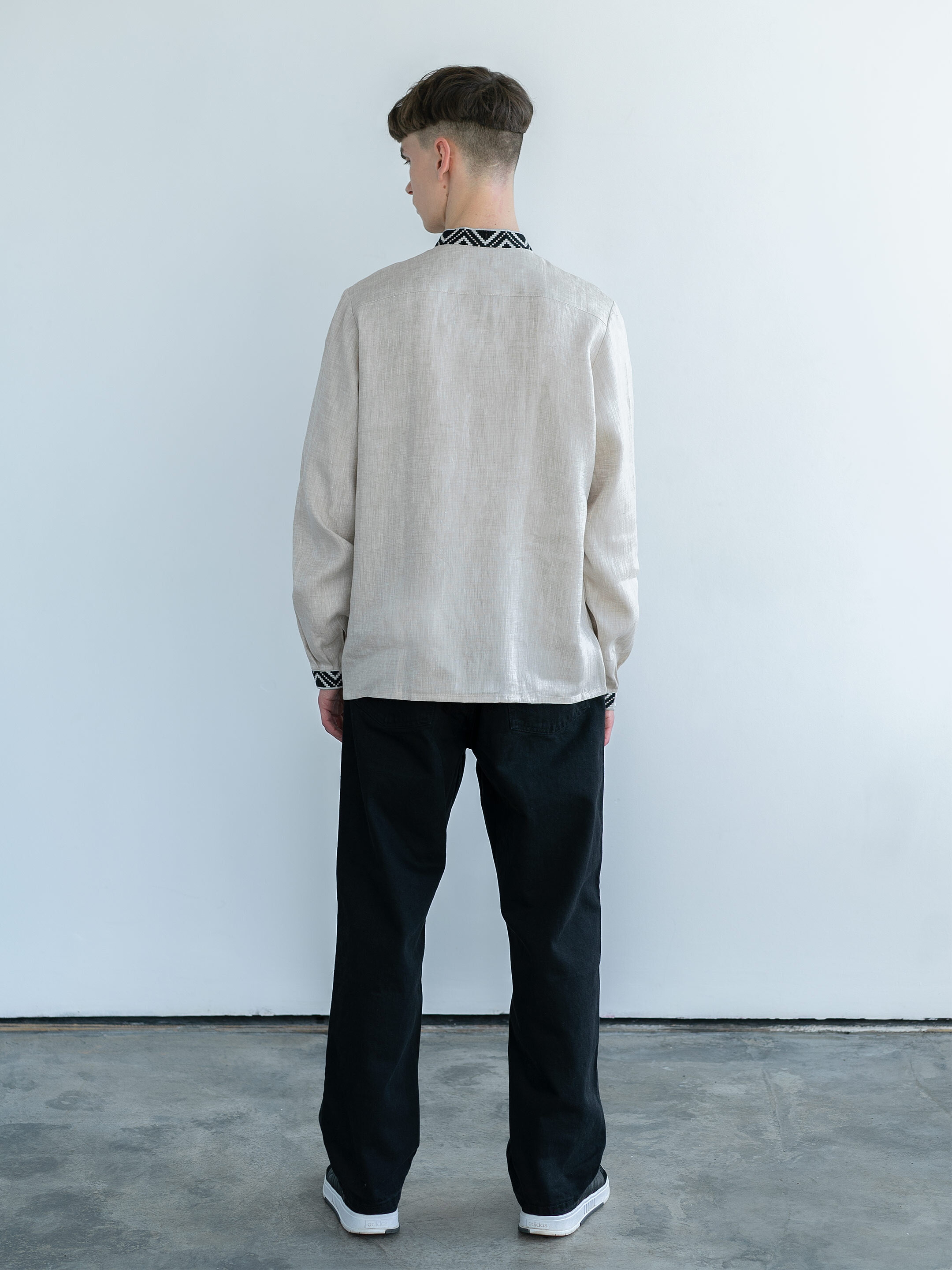 Men's shirt from gray linen with embroidered black rhombs ED1 in Ukraine