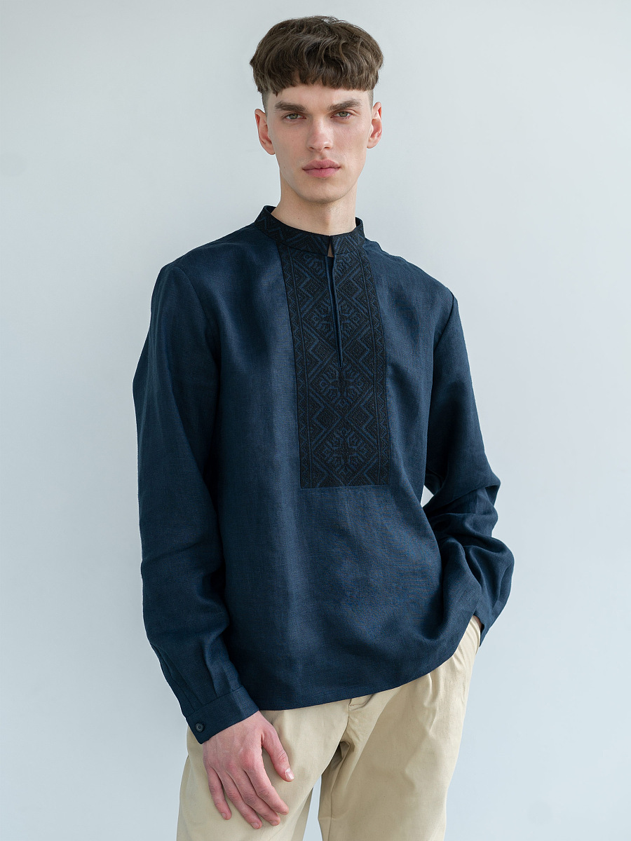Dark-blue linen shirt with black embroidery ED4 [0]