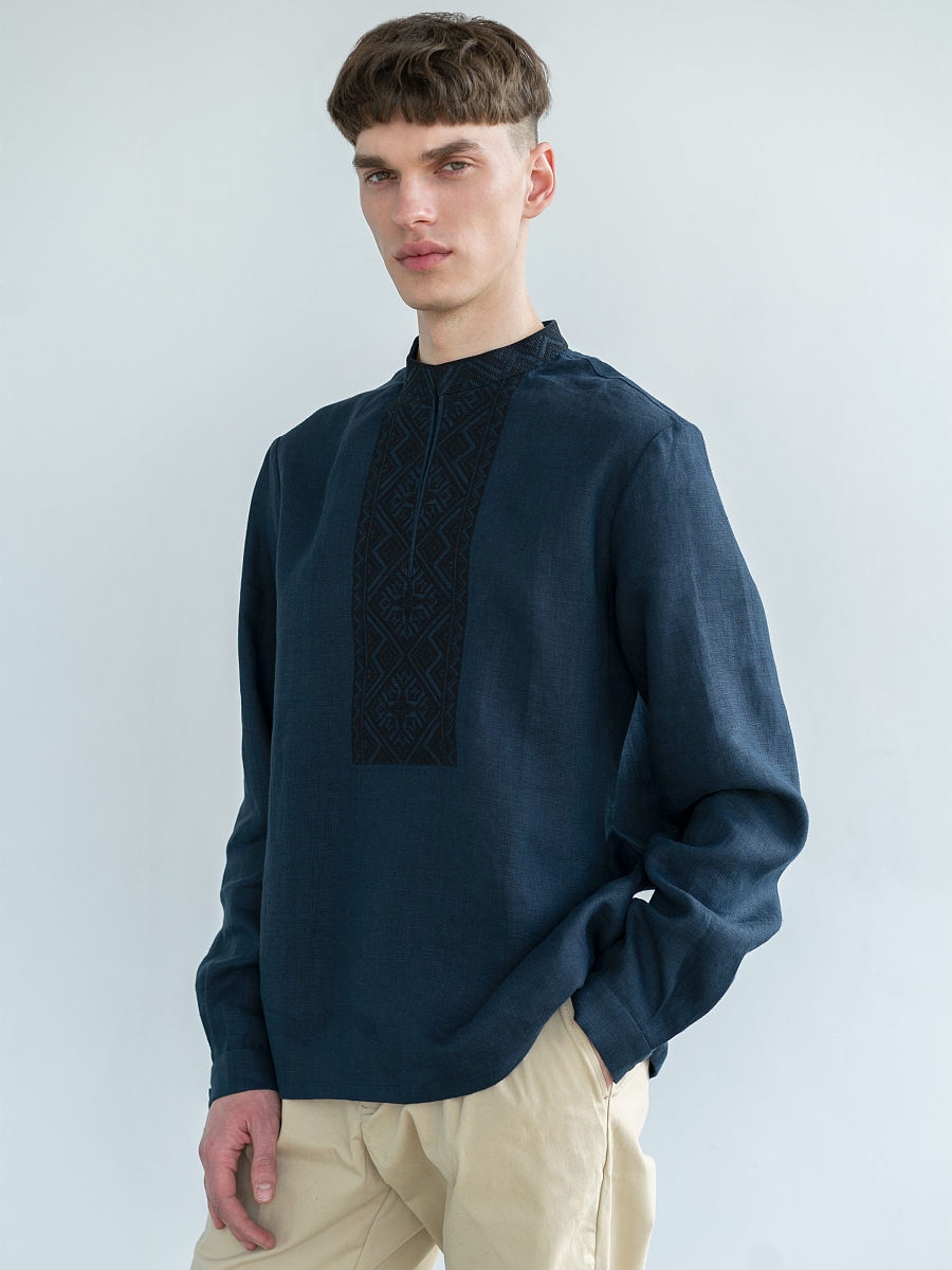 Dark-blue linen shirt with black embroidery ED4 [0]
