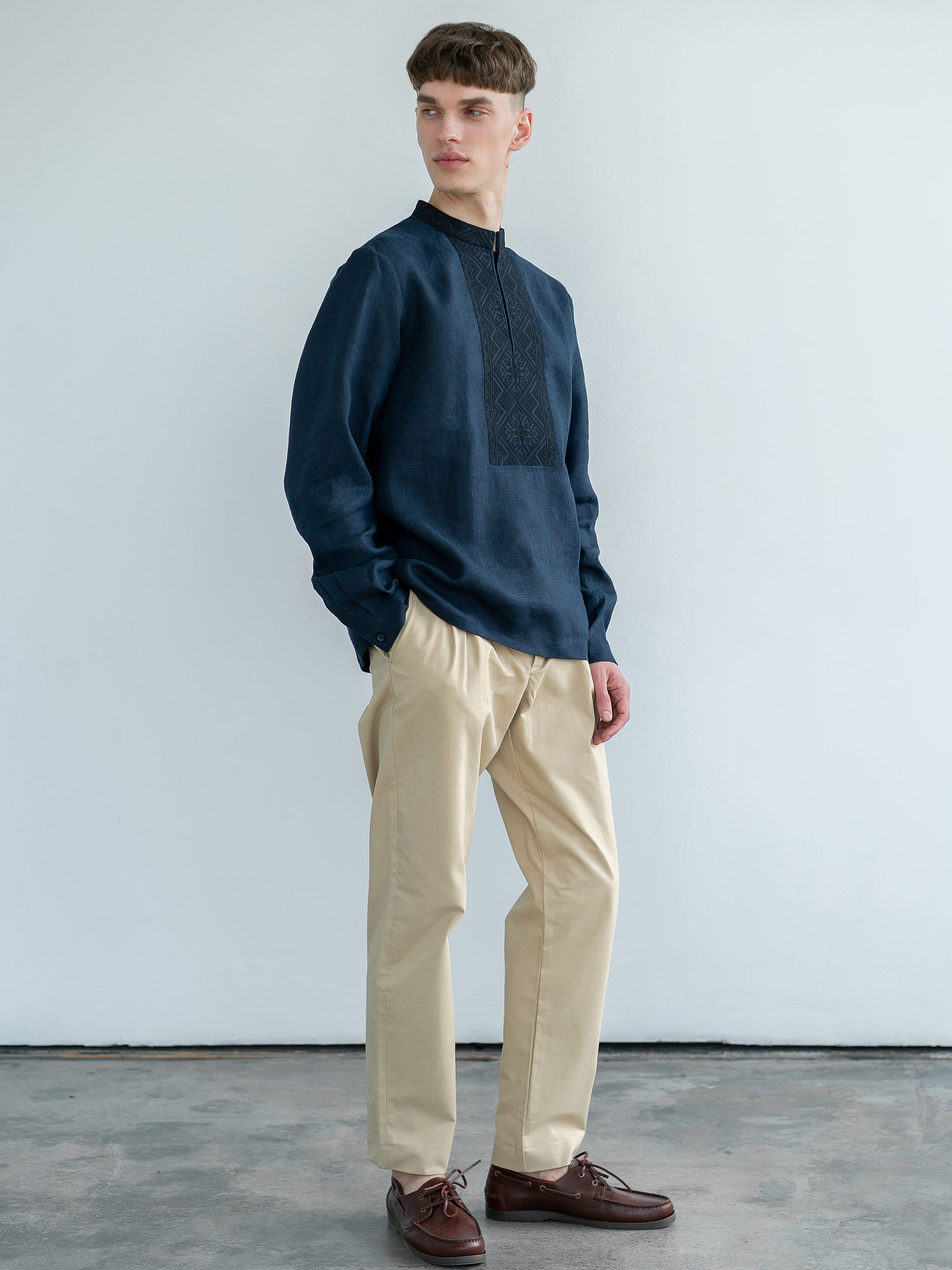 Dark-blue linen shirt with black embroidery ED4 cheap