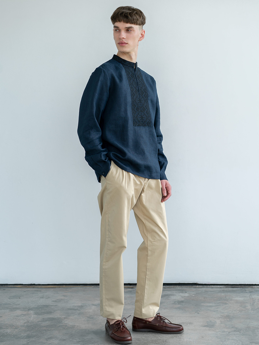 Dark-blue linen shirt with black embroidery ED4 [0]