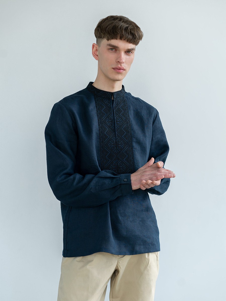 Dark-blue linen shirt with black embroidery ED4 [0]